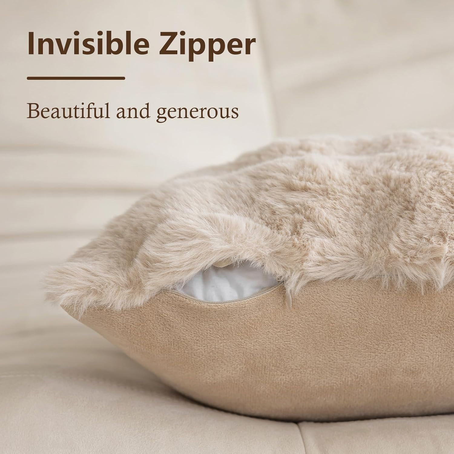 Set of 2 Decorative Throw Pillow Covers 45X45Cm, Khaki Fluffy Pillow Case Luxury Faux Fur Square Sofa Cushion Covers for Sofa Couch Living Room Bedroom House Decor image number 3