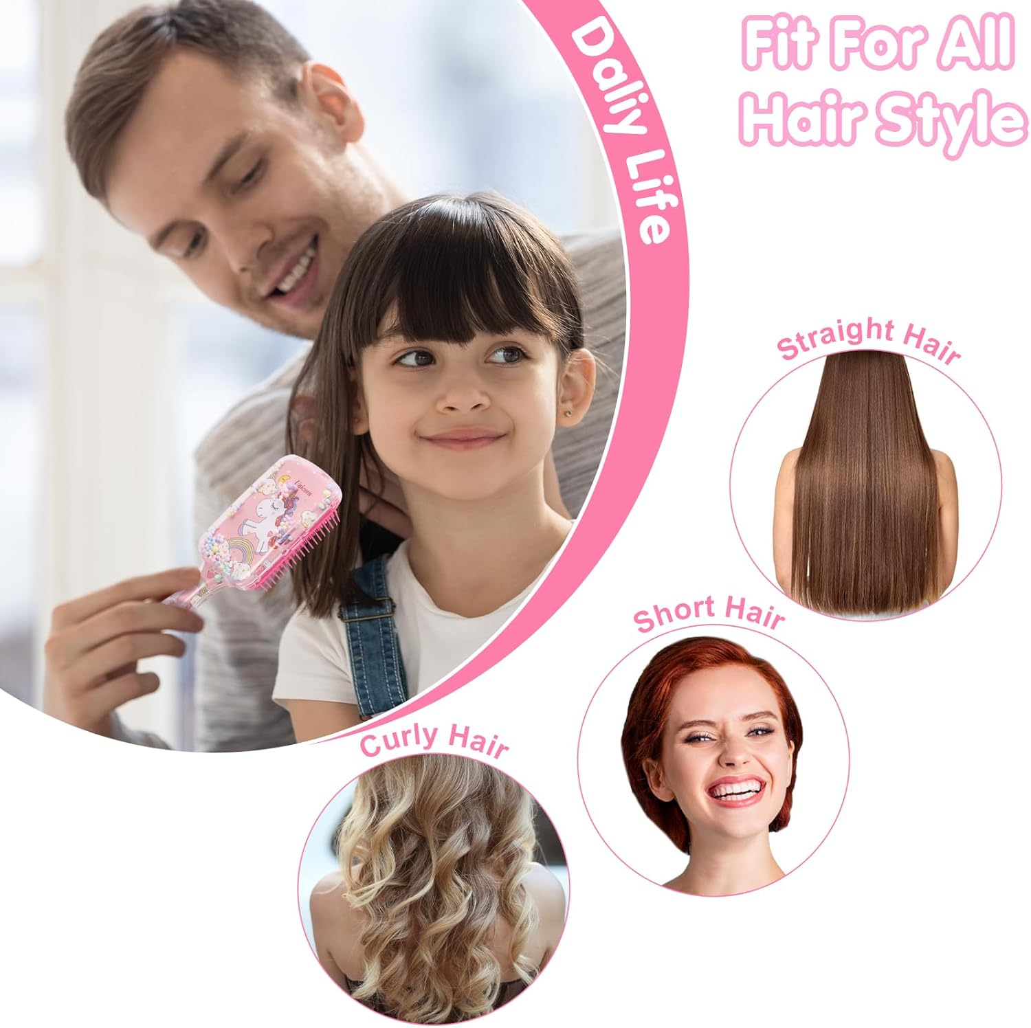 Dusaniyali Pack of 2 Children'S Hair Brushes, Unicorn Hair Brush, Girls Cartoon Hair Brush, Children, Toddlers, Detangling Brushes, Hair Brush, Children, Dry and Wet Hair Brush with Rainbow Sequins image number 4