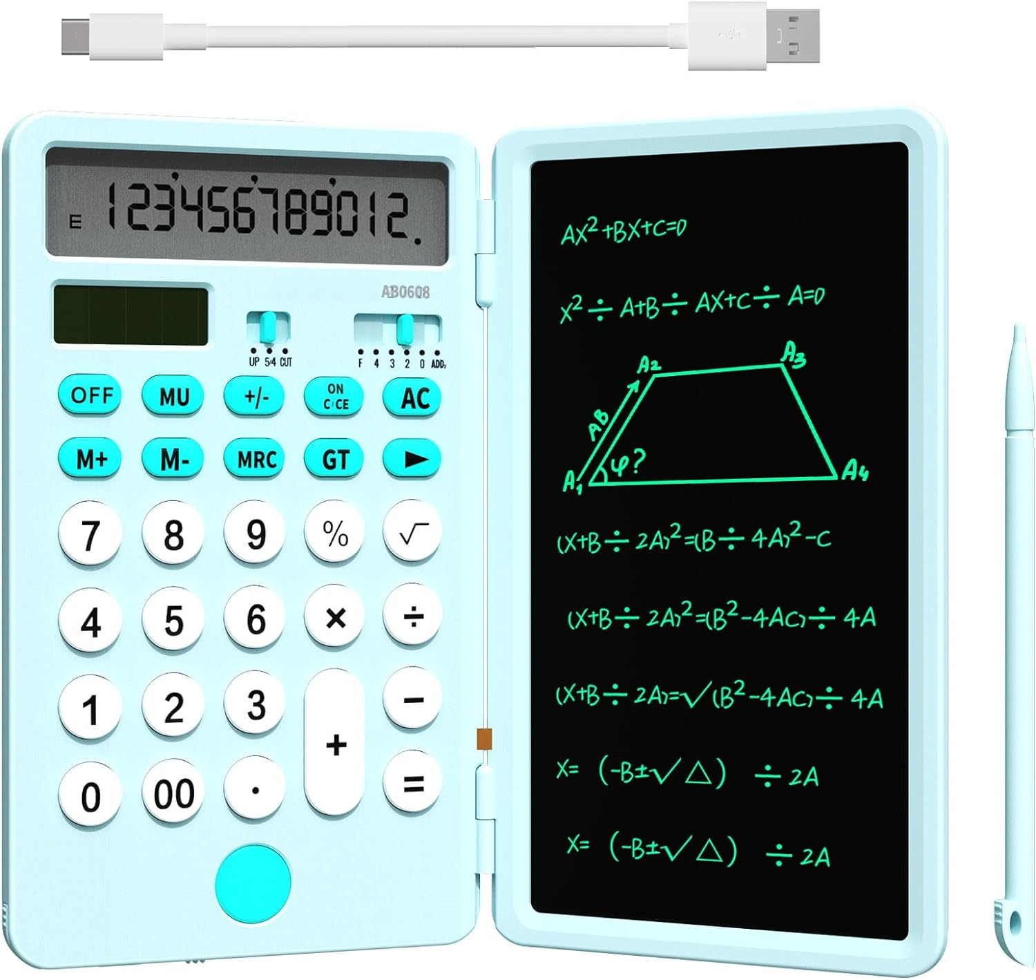 NEWYES Portable Calculator with Notepad, ROATEE Basic Calculator with Writing Tablet,12 Digits Large Display Rechargeable Solar Power Desk Calculator for Office, School AB0608
