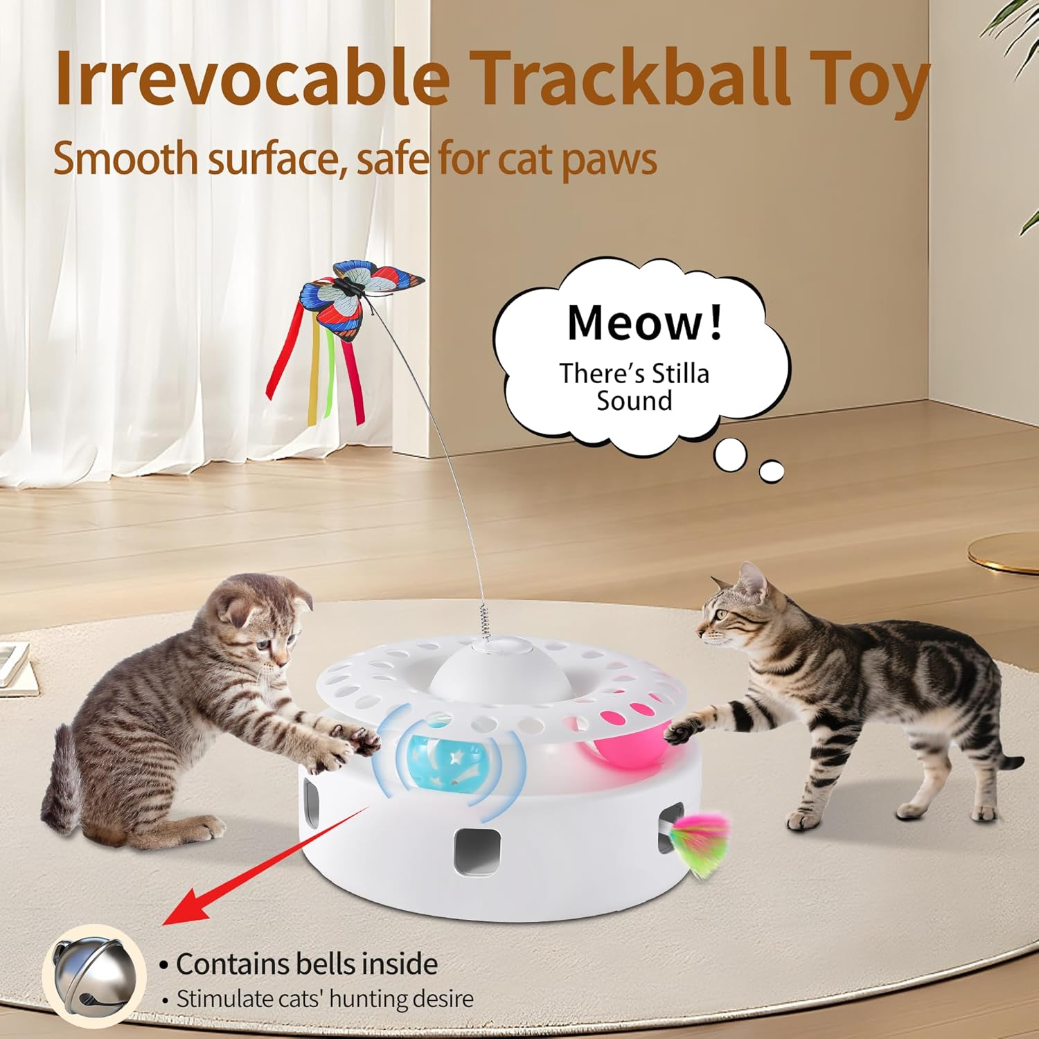Soarer Cat Toy 3-In-1 Automatic Interactive Kitten Toy, Butterfly Dancing, Shooting Feathers, 4-Piece Toy Replacement, Track Ball, Dual Power Mode Suitable for Indoor Sports Cats image number 2