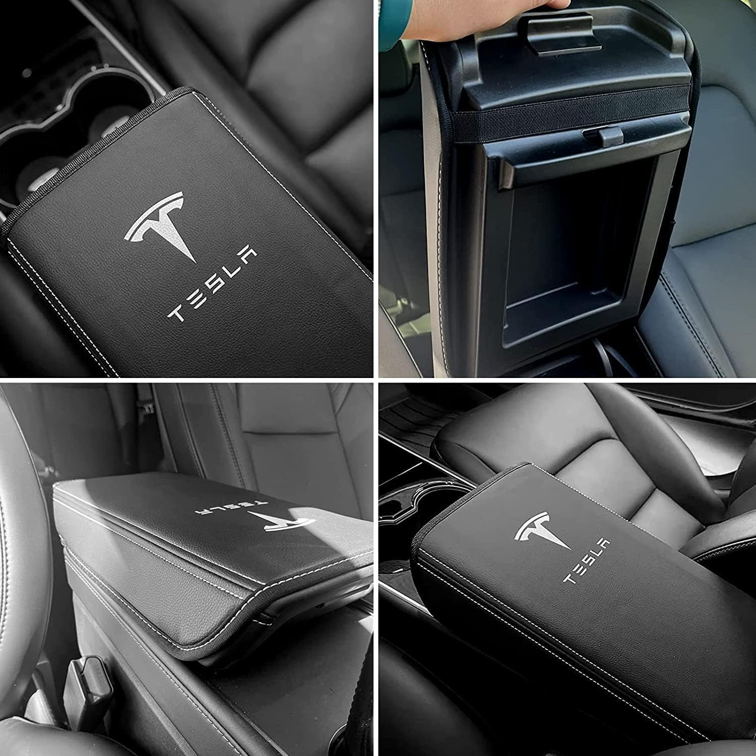 Armrest Cover Compatible for Tesla Model 3/Y Center Console Armrest Cover - Interior Accessories Leather Center Console Protector Pad for Model 3 2017-2024 or Model Y 2020-2024 (Black) image number 1