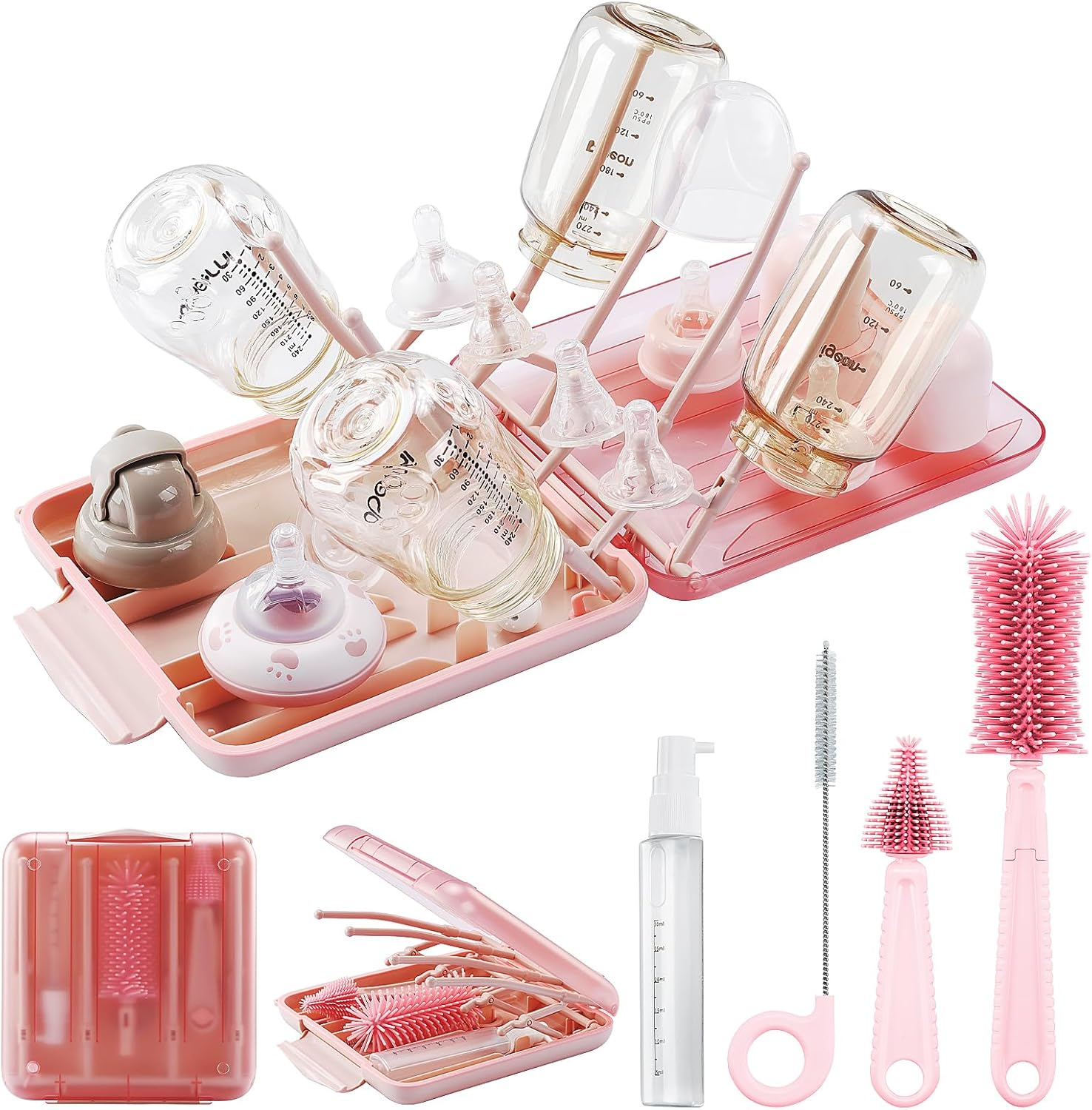 Travel Baby Bottle Cleaner Kit with Baby Bottle Drying Rack,Snap-On Extendable Silicone Baby Bottle Brush,Nipple-Shaped Brush,Straw Cleaner Brush,Baby Bottle Soap Dispenser.Pink.