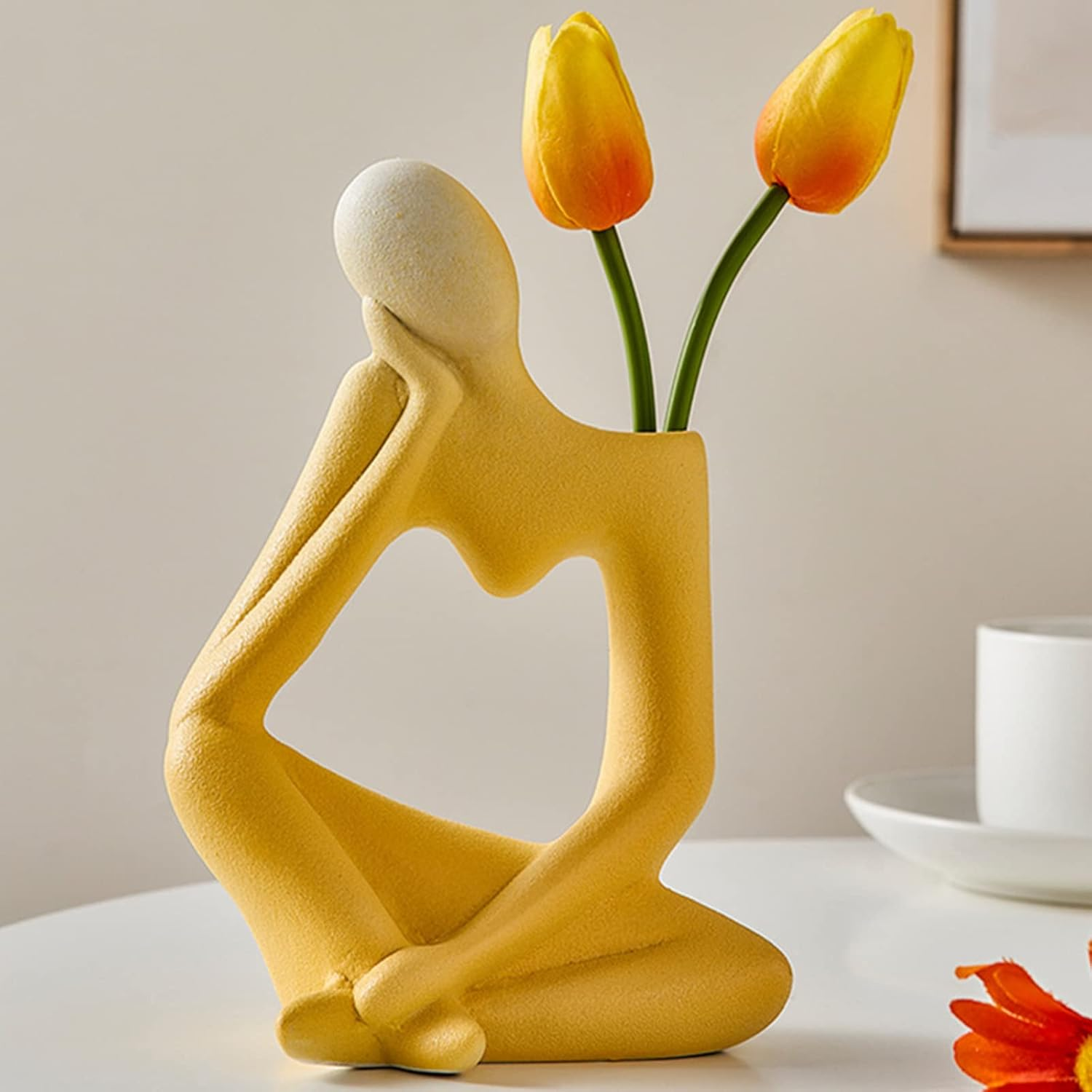 Arawat Ceramic Thinker Vase Yellow Flower Vase for Home Decor Modern Cute Boho Vases for Table Room Decor Unique Aesthetic Vase Ceramic Decorative Face Vases for Centerpieces Birthday Gifts for Women - Red Ceramic Flower Vase For Home Decor image number 6
