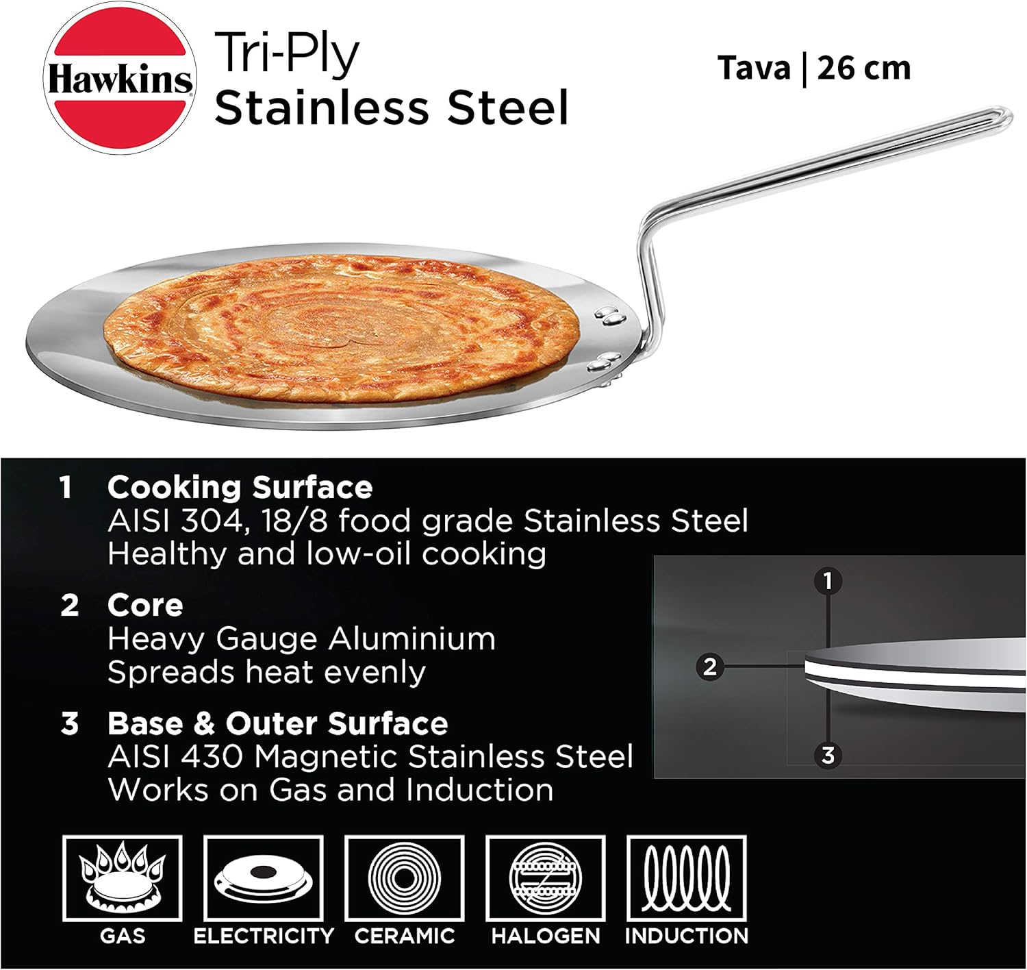 Hawkins Tri-Ply Stainless Steel Tava, 26 Cm Diameter