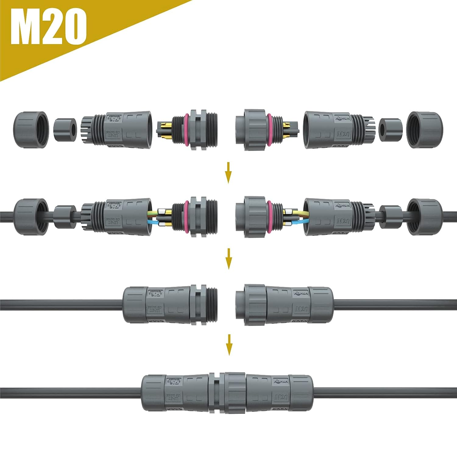 AOHUA M20 Waterproof Connector (4-Pack) - IP68 Junction Box, 2-Pin Male/Female Plug for &Oslash;5.5-10Mm Wires, 300V/15A Outdoor Electrical Use, UL TUV CE ROHS Certified (AH-M20-1502MMZ/FFZ01112)