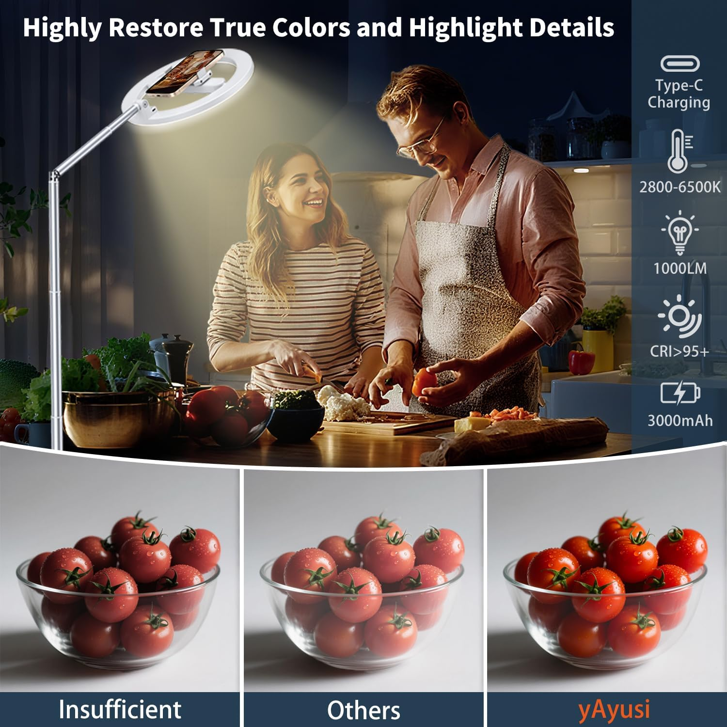 Yayusi 68.5" Overhead Phone Mount with Ring Light for Iphone, 3000Mah 360&deg; Rotation Foldable Rechargeable Ring Light Phone Holder for Video Recording, Photography, Live Streaming, Tiktok, Youtube