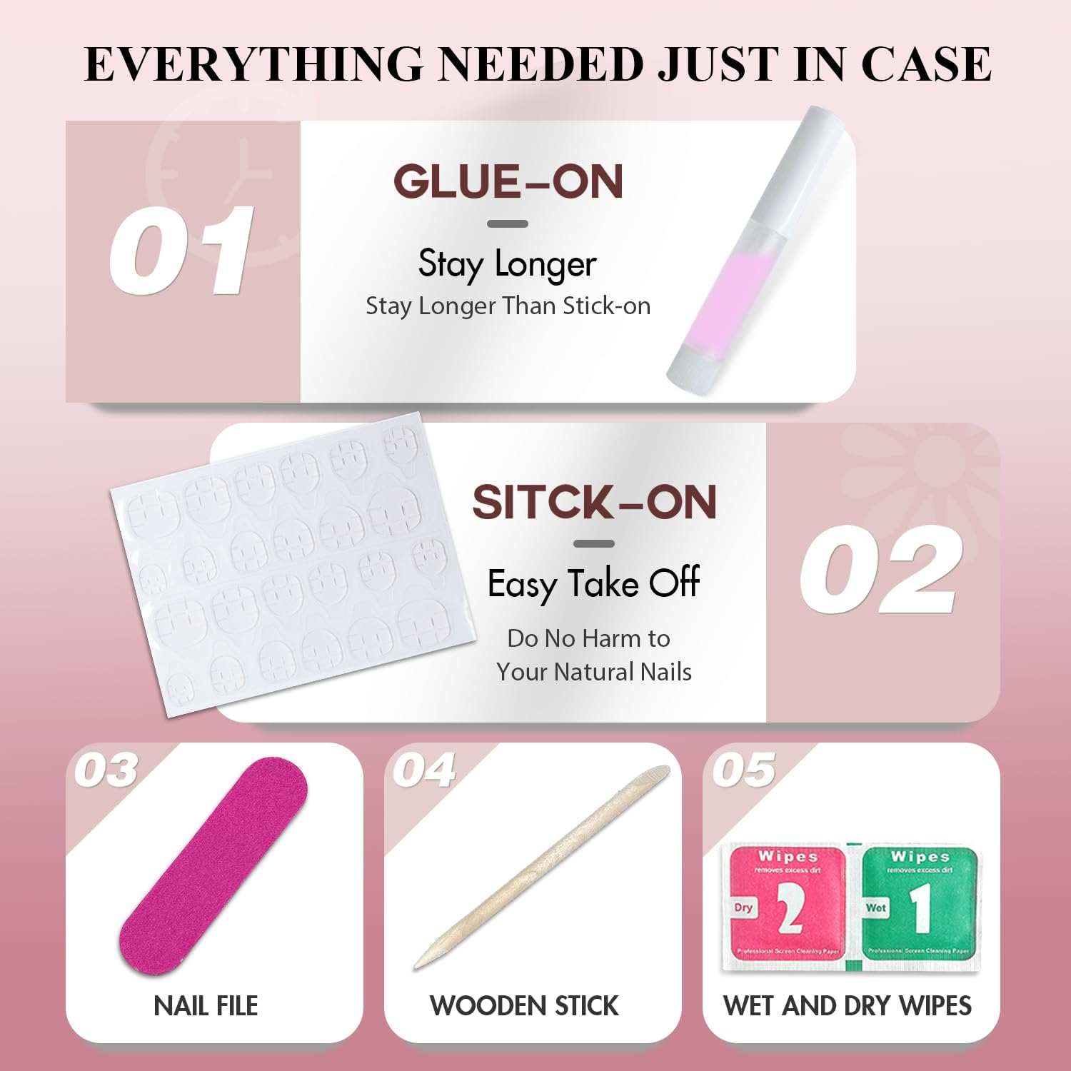 Kqueenest French Press on Nails Long Square, Ombre Pink False Nails with Glue, Glossy Natural Gradient Fake Nails Long Medium Coffin, Reusable Gel Stick on Nail for Women Decoration, 24 Pcs image number 1