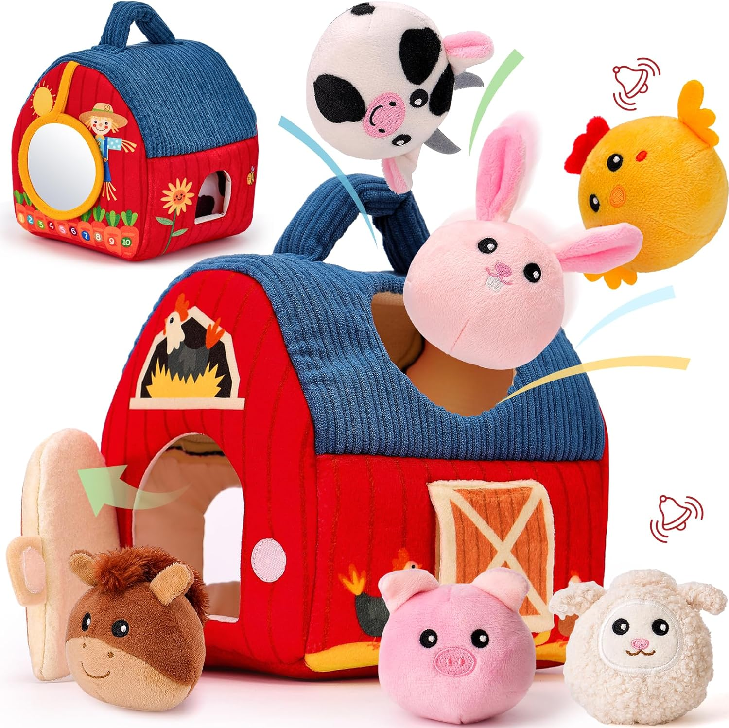 Montessori Baby Toys 6-12 Months - Mushroom House with Stuffed Jungle Animals for Babies with Rattle & Mirror, Sensory Toys for Babies Boy Girl Birthday Gifts (Farm Animals) image number 1