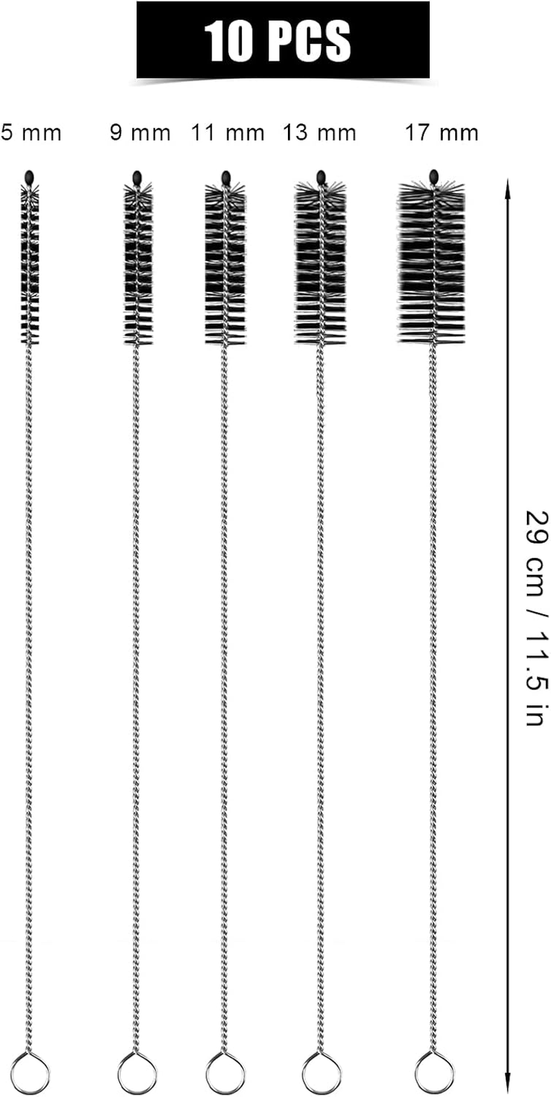 10Pcs Nylon Bottle Brush, 11.5 Inch Long Straw Brushes Nylon Tube Brush Set with 5 Sizes Bottle Cleaner Brushes for Cleaning Pipe Straw Wine Bottle Sink (Black, White) image number 1