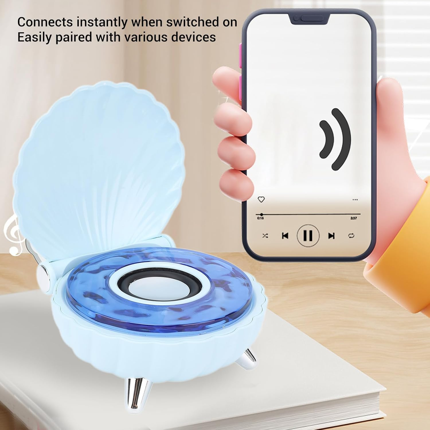 Shell Lamp with Bluetooth Speaker, Wave Shell Speaker with Colorful Night Lights for Bedroom Living Office (Blue) - Purple image number 5