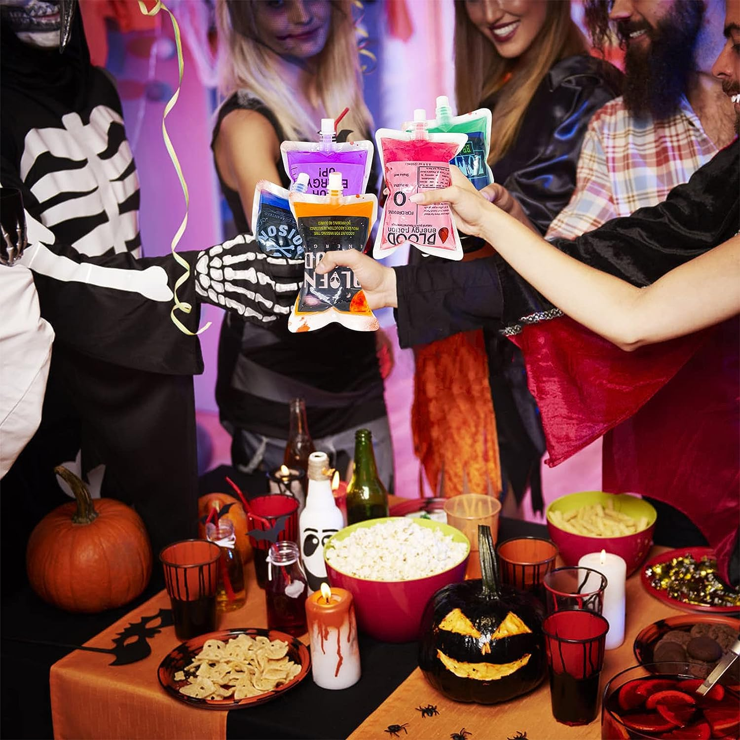 ERDONE Blood Bags for Drinks,24 IV Bags for Halloween Party Decoration,Reusable Drink Pouch with Syringe, for Vampire Hospital Zombie Theme Party Drink Bags, Halloween Party Favors Set image number 2