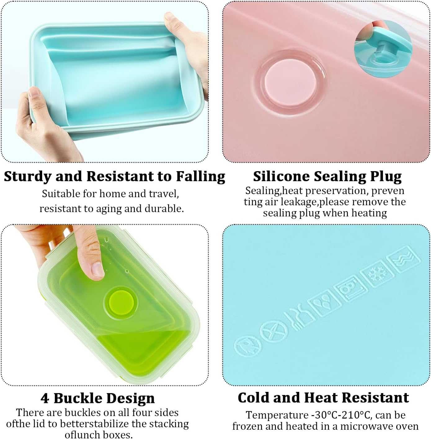 Collapsible Silicone Food Storage Container Set of 4,BPA Free,Leftover Meal Box for Kitchen,Bento Lunch Boxes - Microwave, Freezer and Dishwasher Safe. for Outdoor Camping, Hiking, Picnic image number 2