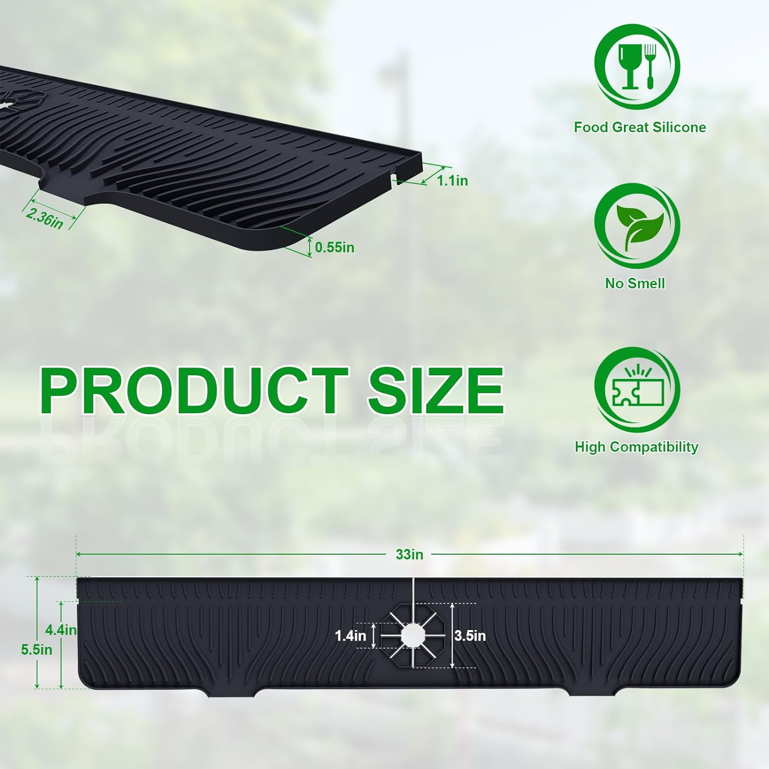 Deaunbr 33-Inch Kitchen Sink Splash Guard Mat, Silicone Material, Protects Faucet Handle, Multipurpose for Kitchen, Bathroom, Sink Sponge Holder - Black image number 3