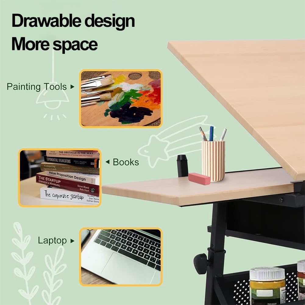 Drawing Tables for Artists,Height Angle Adjustable Drafting Desk W/2 Drawers Craft Station W/Metal Frame Tiltable Art Desk Work Station for Painting, Writing, Studying (Wood) image number 4