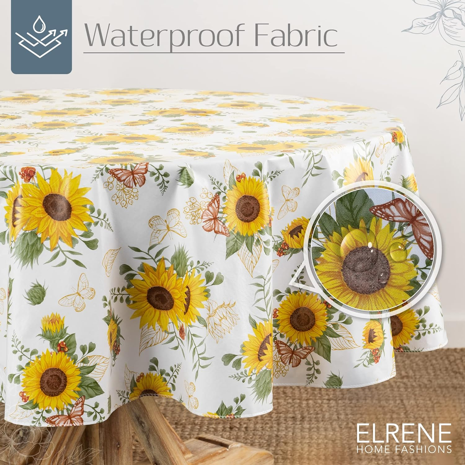Elrene Home Fashions Sunflower Season Vintage Floral Water- and Stain-Resistant Vinyl Tablecloth with Flannel Backing, 70 Inches X 70 Inches, Round