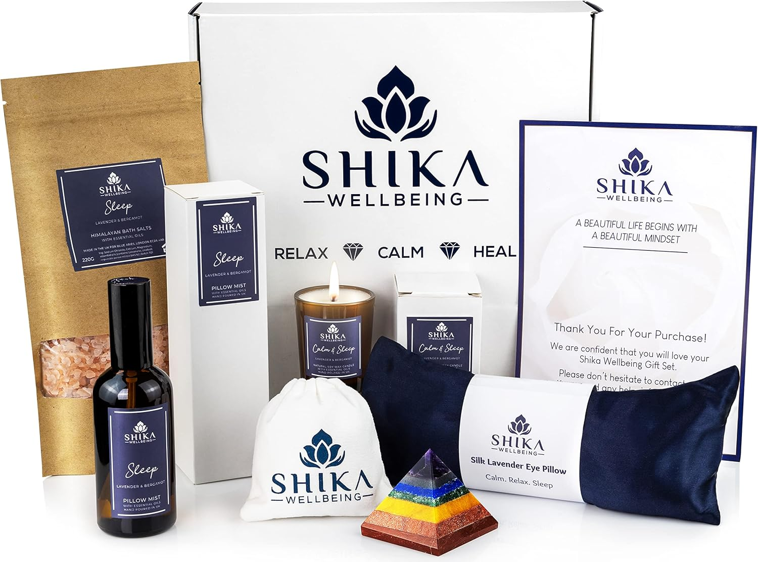 Shika Wellbeing LUXURY SLEEP WELL Pamper Gift Set for Women 100% Silk Lavender Eye Pillow, Pillow Mist, Aromatherapy Candle, Relaxing Bath Salts, 7 Chakra Pyramid Crystal MADE in UK image number 2