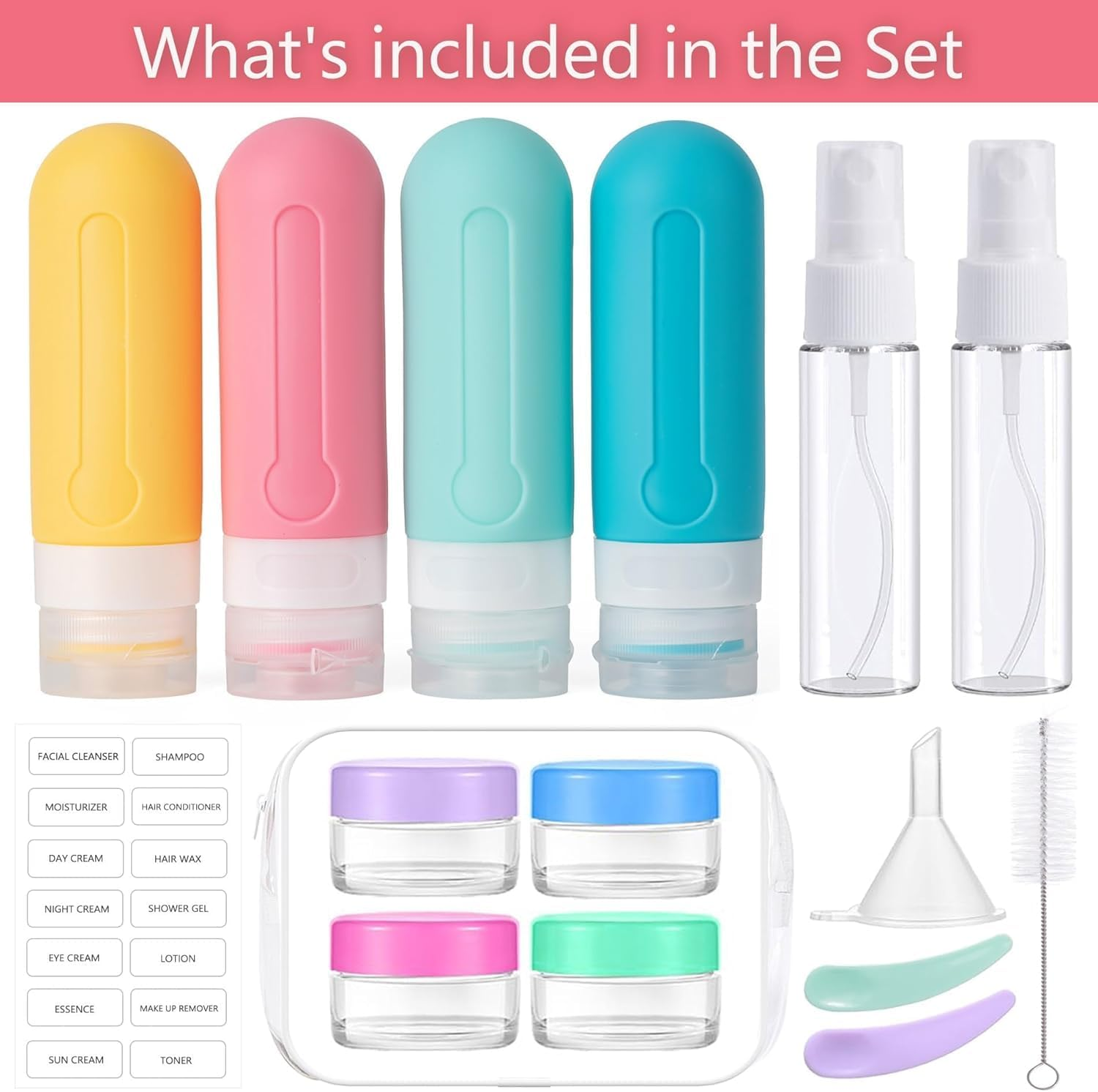 16-Pack TSA Approved Travel Essentials Bottles Set &ndash; Leakproof Silicone Toiletry Containers | Squeezable Shampoo & Lotion Bottles for Airplane Carry-On