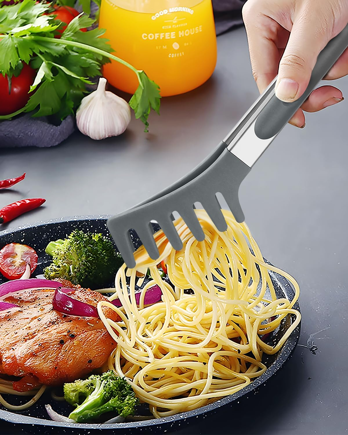 Spaghetti Spoon and Pasta Tong, Non-Stick Silicone Spoon Server Fork with Teeth and Stainless Steel Handle, Food Clip for Noodles (Grey) - Khaki image number 6