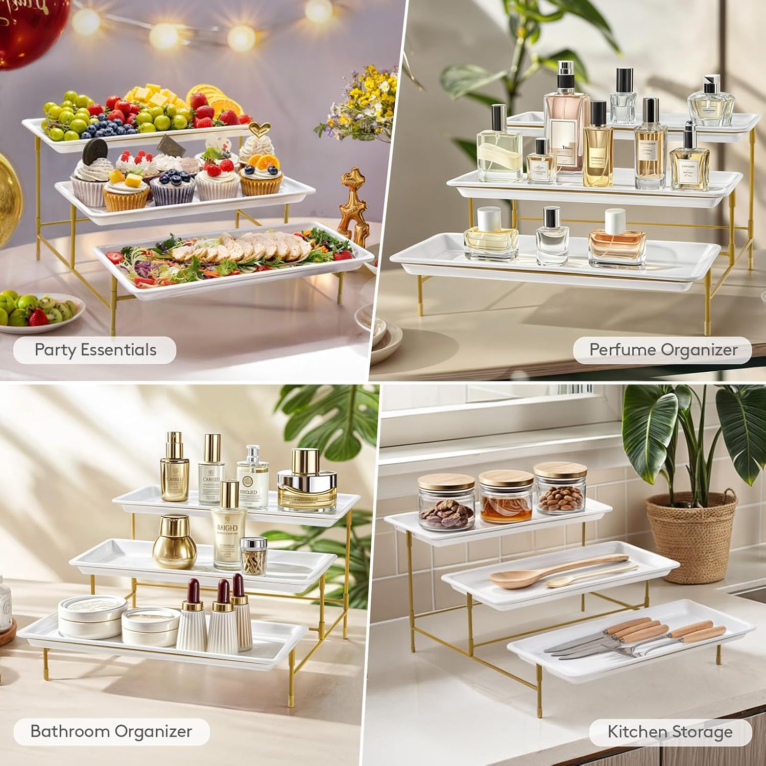 Lifewit 3 Tiered Plastic Serving Tray for Party Entertaining, 36&times;17Cm Serving Food Display Platters, Reusable Trays with Collapsible Stable Metal Stand for Veggie, Fruit, Cookies, Dessert, Gold - Black image number 3