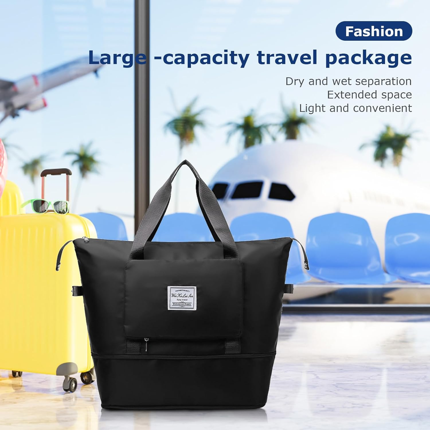 Auolen Large Capacity Folding Travel Bag, Foldable Travel Duffel Bag, Dry and Wet Separation Sports Portable Shoulder Bag, Travel Lightweight Waterproof Carry Luggage Bag (Black) image number 2