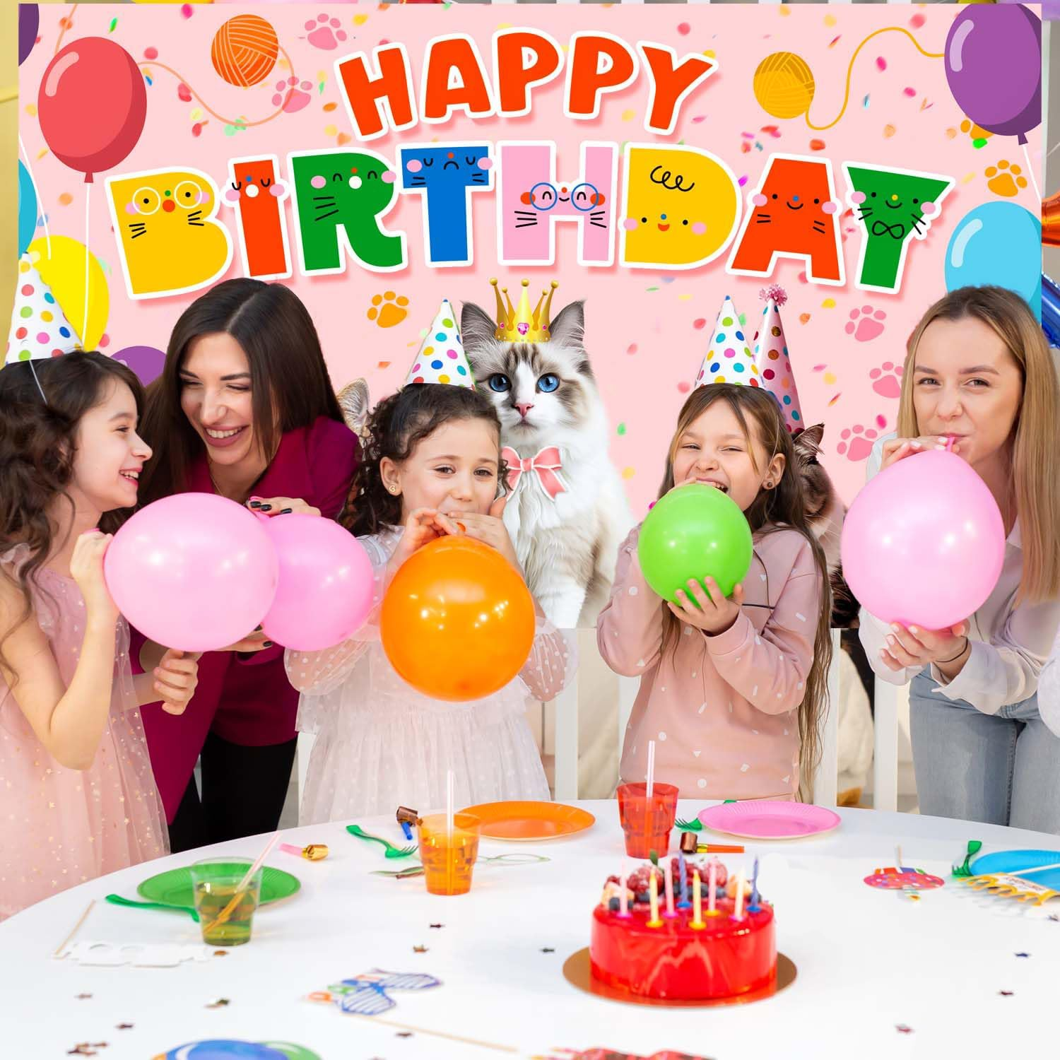 Cat Happy Birthday Background, 110 X 180 Cm Cat Backdrop Cat Party Background Decoration Cat Birthday Banner Background for Cat Theme Party Decoration image number 3
