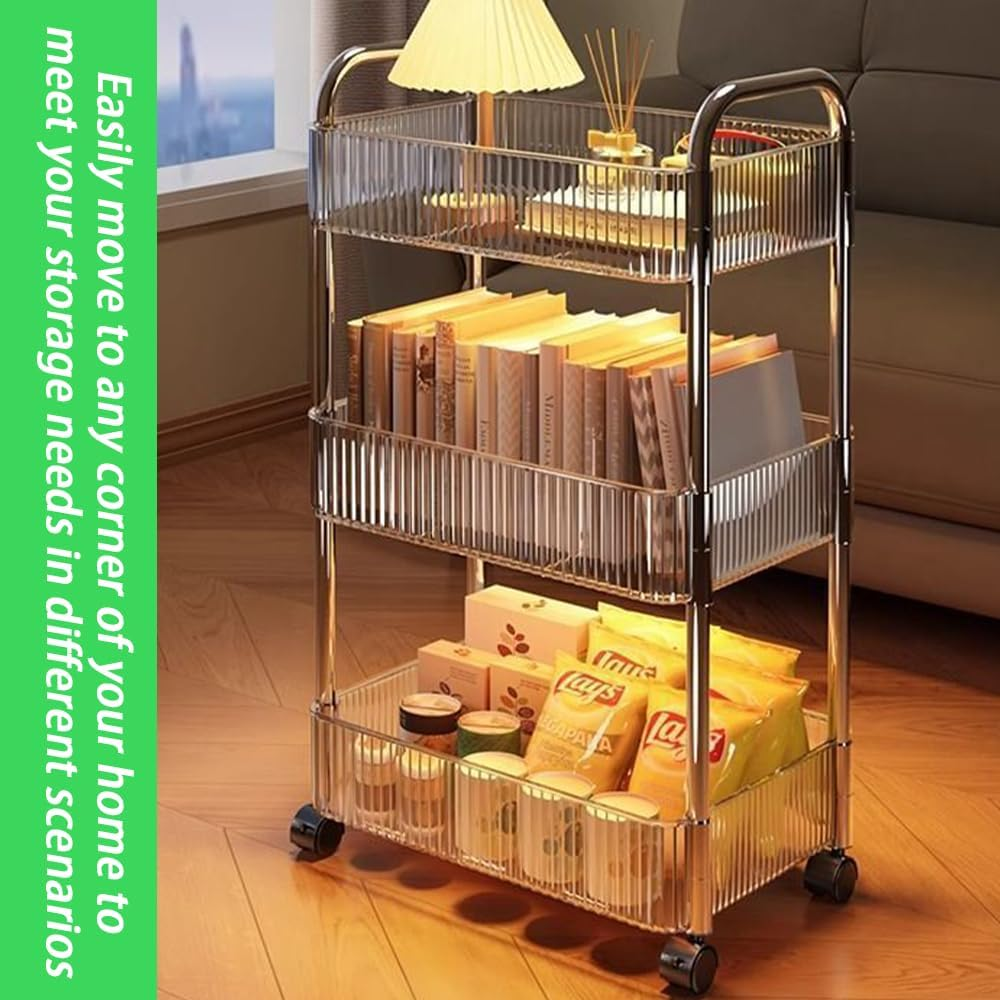 3-Tier Acrylic Storage Rolling Cart, Clear Bathroom Organiser Trolley, Snack Rolling Shelf with Wheels, Movable Storage Organizer for Office Bathroom Kitchen image number 6