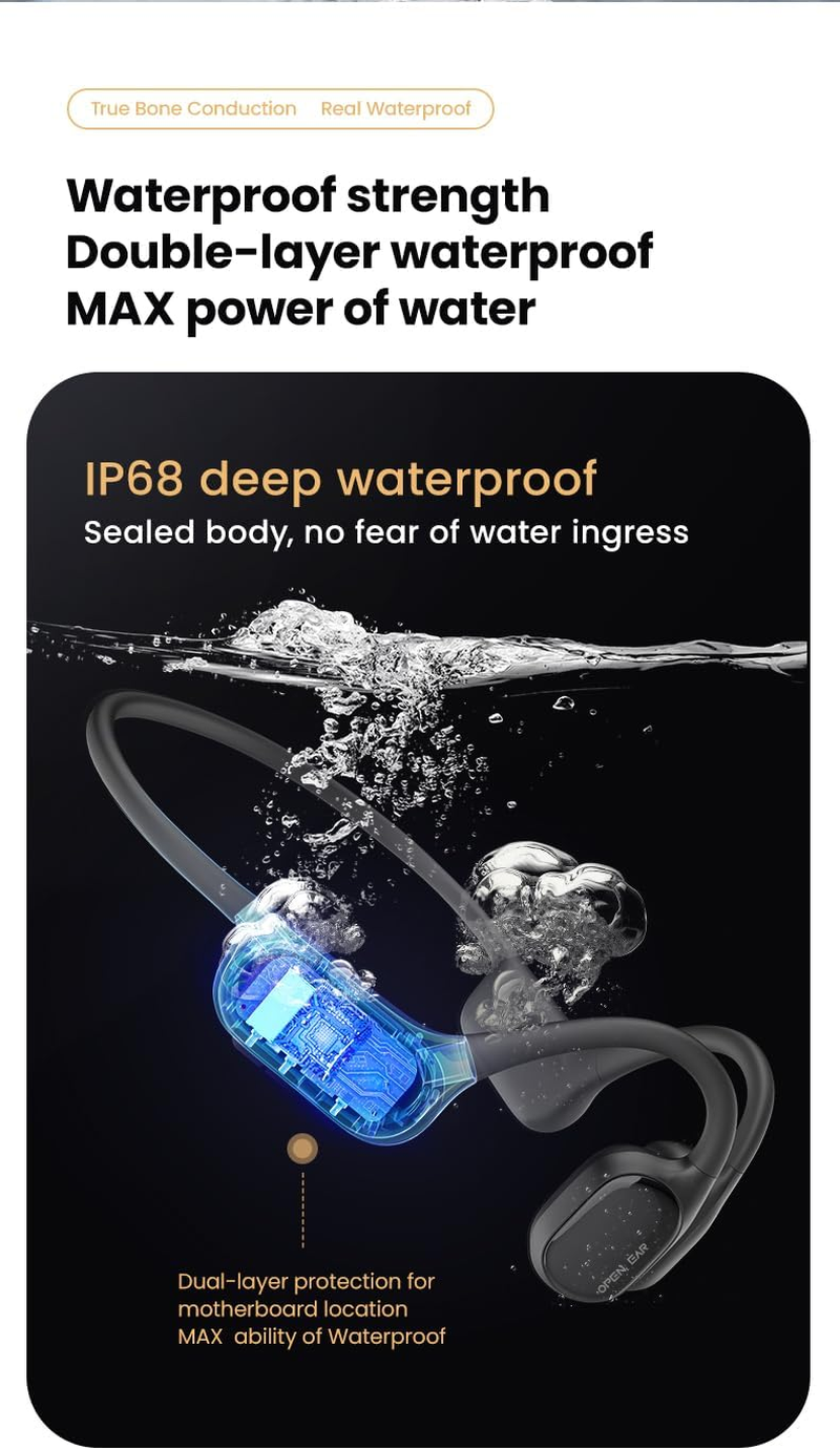 AIRBONE Open Ear F1 - Wireless Bone Conduction Sports Headphones with IP68 Waterproof Design, Built-In 32Gb Storage & Bluetooth 5.3, Ideal for Secure Listening While Swimming and Sports - All Black image number 3