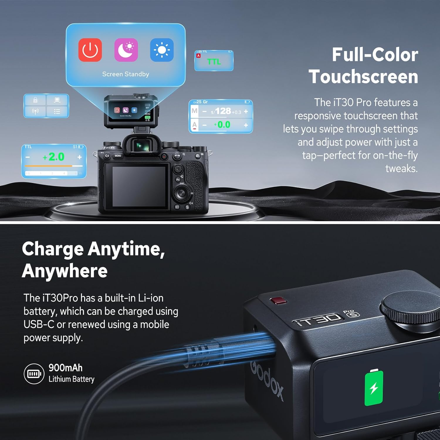 Godox It30Pro S It30 Pro S It30Pros Mini TTL Flash for Sony, 2.4Ghz HSS 1/8000S, Built in Diffuser & Lithium Battery, 1.5S TTL Pocket Flash Speedlite for Sony Camera, 560 Full-Power Flashes (Black) - It30Proc-Silver image number 3