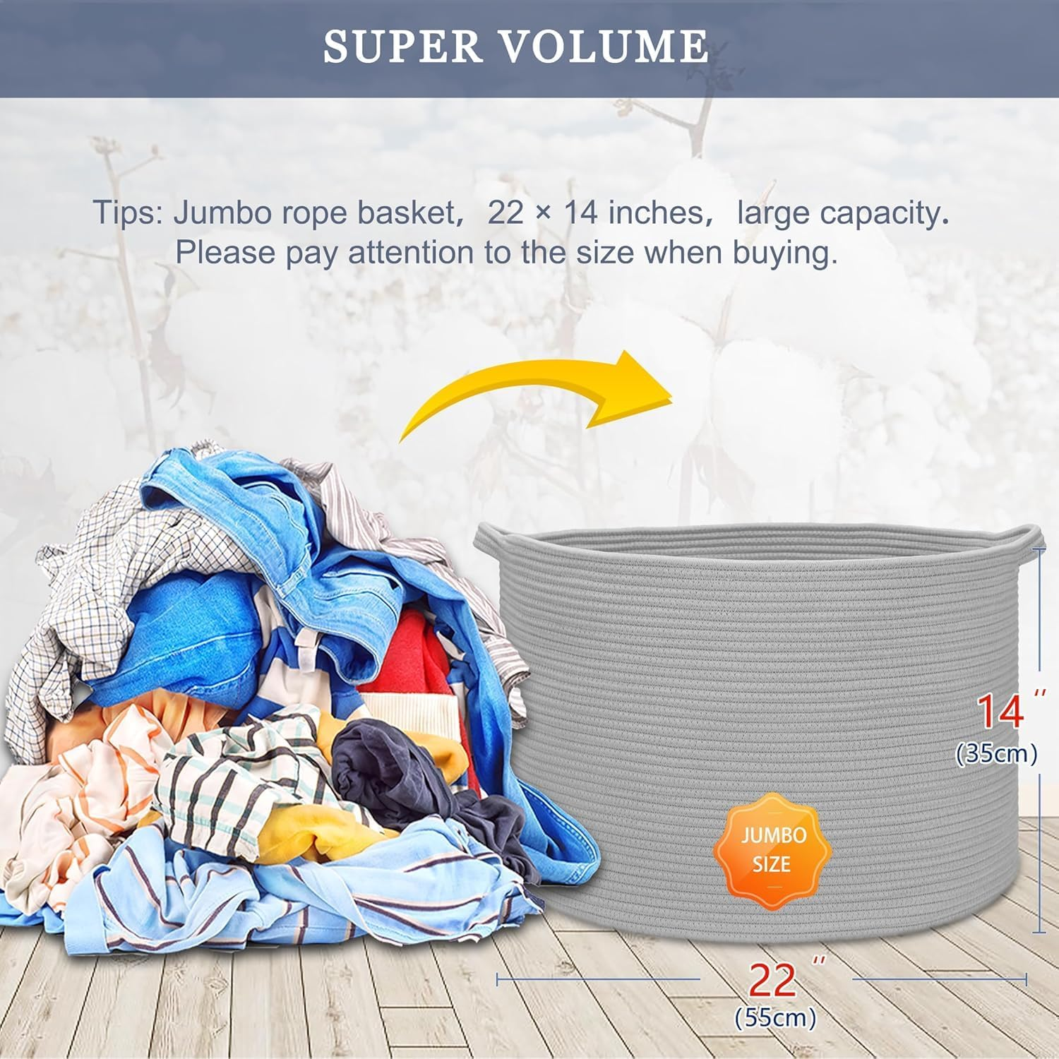 Large Blanket Basket，Large Storage Basket，Gray Wicker Woven Cotton Rope Baskets for Storage, Cotton Rope Blanket Basket for Living Room, Laundry, Nursery, Pillows, Baby Toy Chest （Gray） image number 1