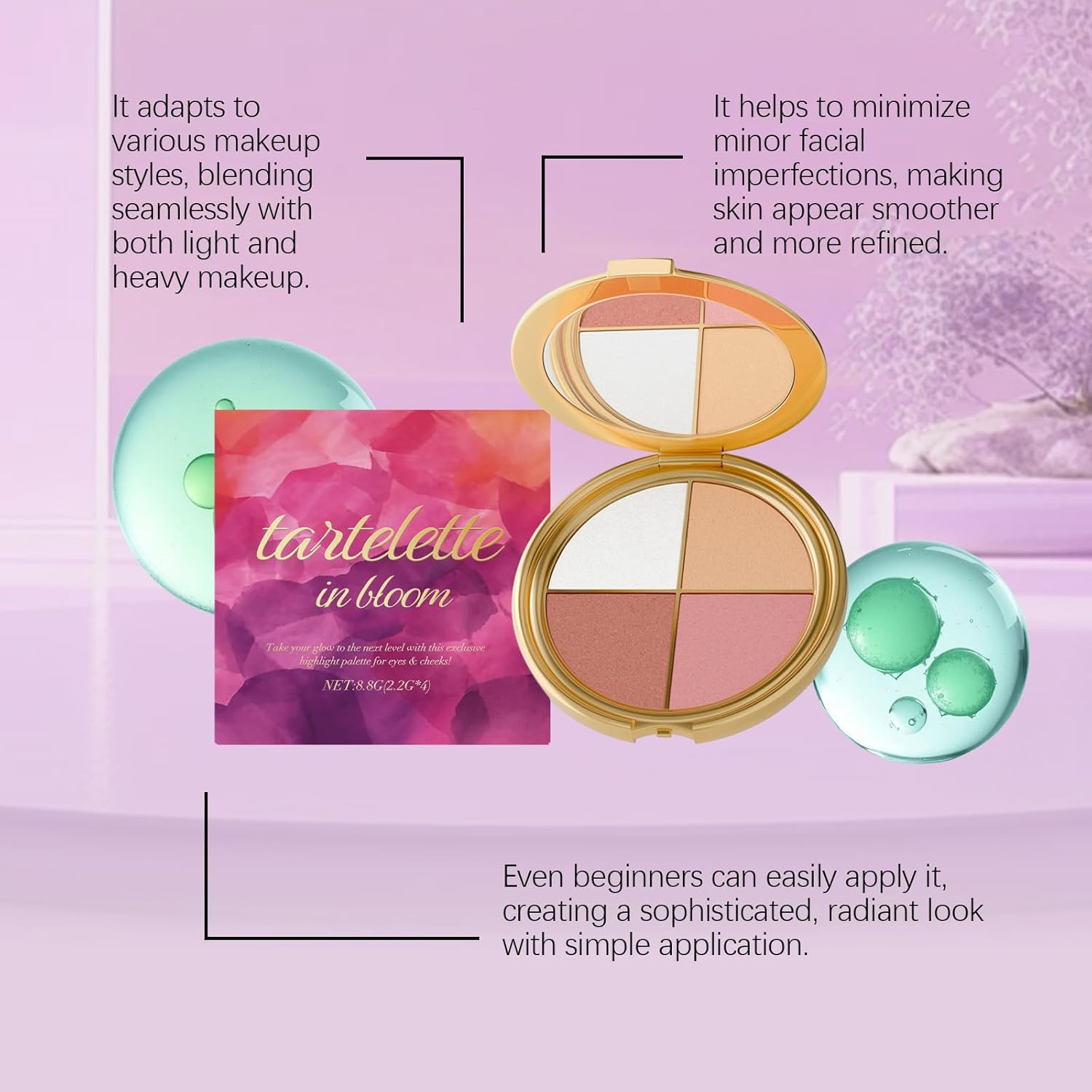 4-Color Highlighting Eye & Cheek Palette Shadow - Multi-Use Eyeshadow and Highlighter Makeup, Blendable, Long-Wear, Travel Compact with Mirror image number 5