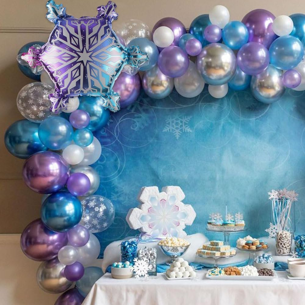 Blue Purple Snowflake Frozen Balloon Garland Arch Kit,148Pcs Ice Snow Blue Purple Silver White Snowflake Foil Balloons for Winter Wonderland Baby Shower Snow Princess Girls Birthday Party Decor (Blue) image number 5