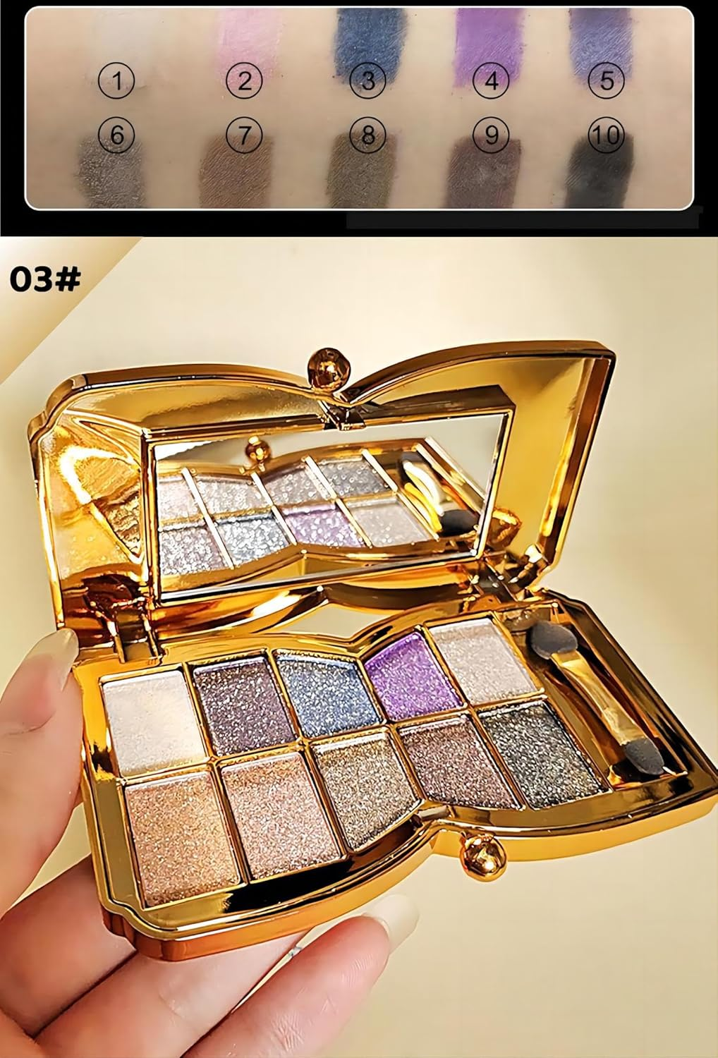 10 Colors Glitter Eyeshadow Palette, Fine Pressed Shimmer Eye Shadow Powder Pallet, Diamond Bright Makeup Set for Women (#3) image number 1