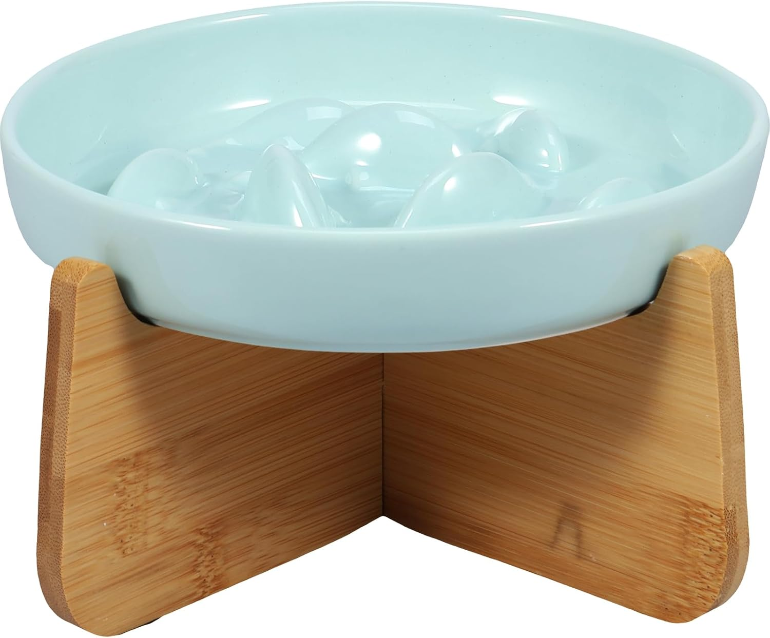 DJAPWPX Raised Cat Bowl with Wood Stand - Ceramic Elevated Cat Slow Feeder Bowl - anti Vomiting Non-Slip Slow Eating Dish Feeder (Light Green) - White image number 2