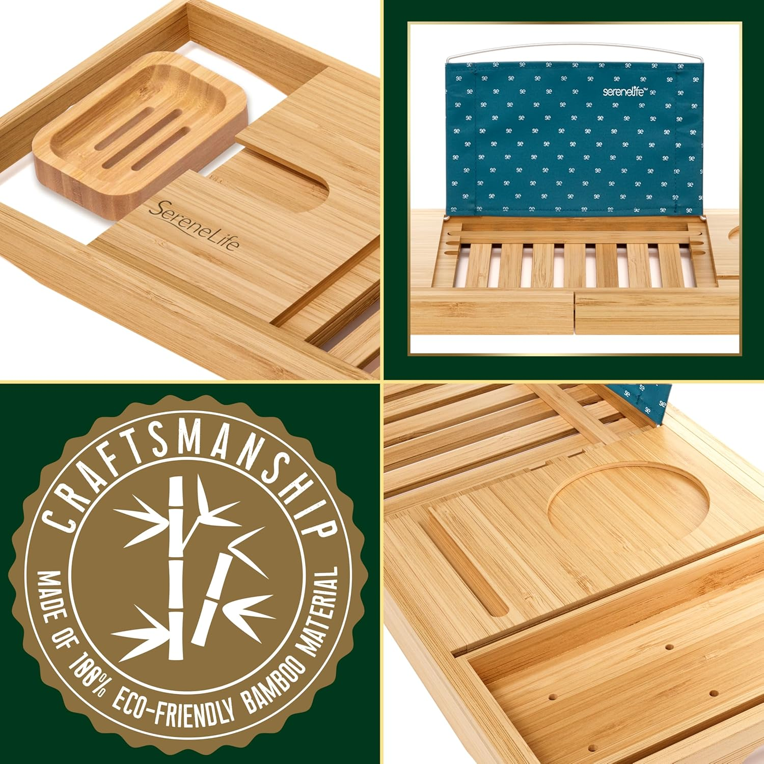 Serenelife Bamboo Bathtub Caddy Tray &ndash; Expandable, Adjustable Bath Shelf with Book/Tablet Holder & Removable Accessory Trays (Natural Finish) image number 5