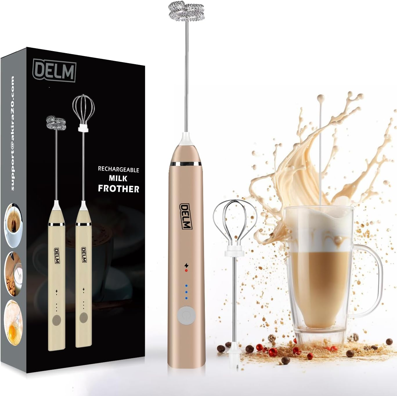 DELM Rechargeable Milk Frother Handheld Foam Maker with Stainless Whisk for Cappuccino, Latte, Bulletproof Coffee, Keto Diet, Protein Powder, Matcha (Beige) image number 3