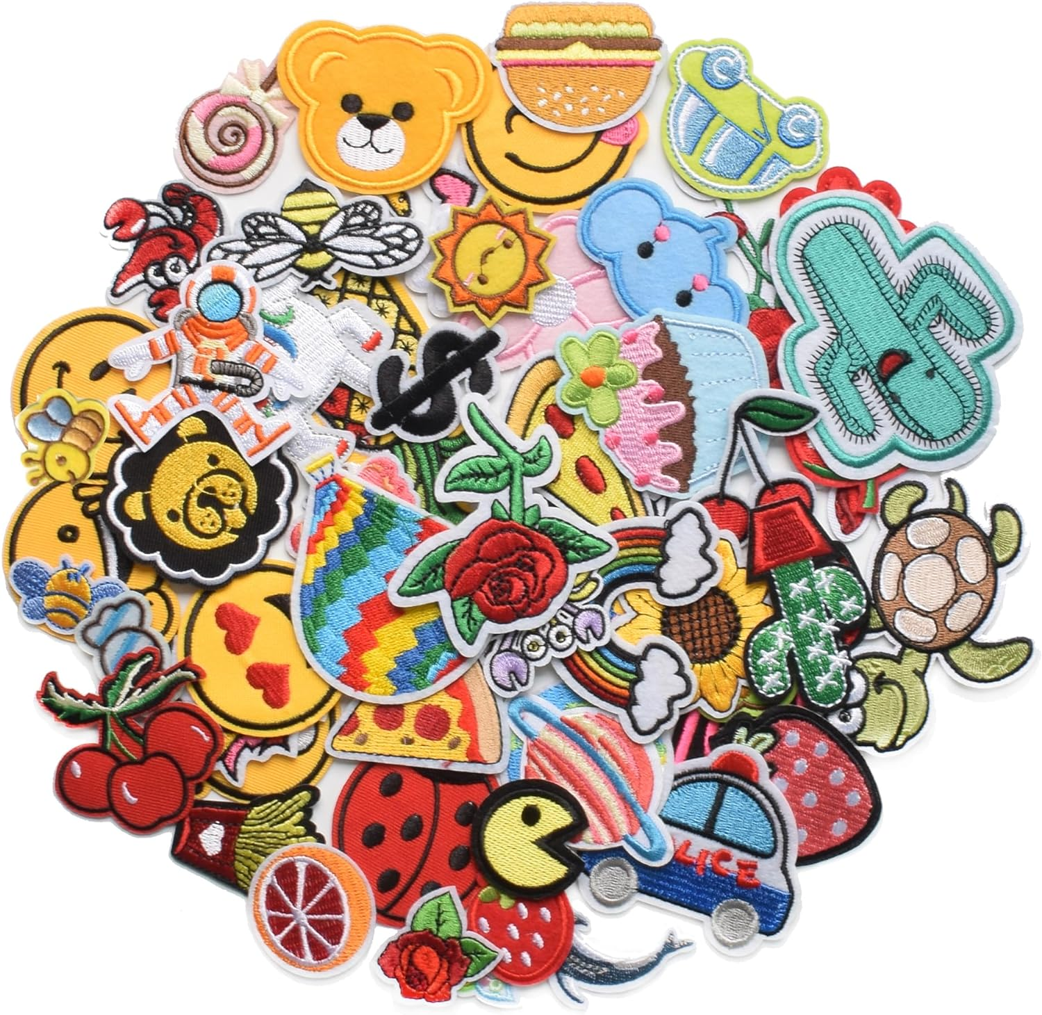 60Pcs Random Assorted Styles Embroidered Patches, Bright Vivid Colors, Sew On/Iron on Patch Applique for Clothes, Dress, Hat, Jeans, DIY Accessories