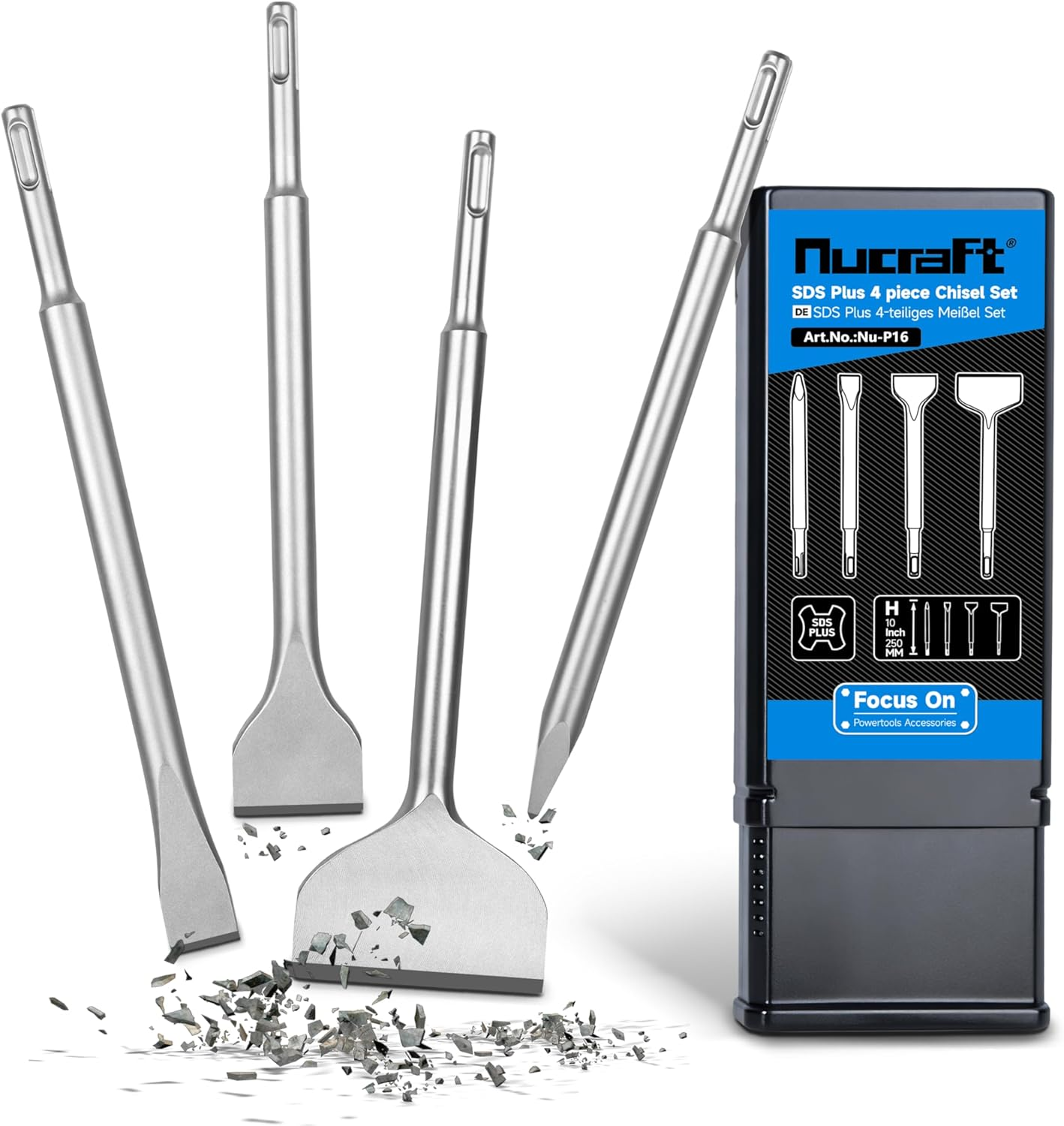 Nucraft SDS plus Chisel Set, 4 Piece Steel Tool Set (Wide, Flat, Pointed) Tile Chisels, Suitable for Masonry, Bricks, Walls, Granite, Concrete Rotary Hammer Chisels image number 3