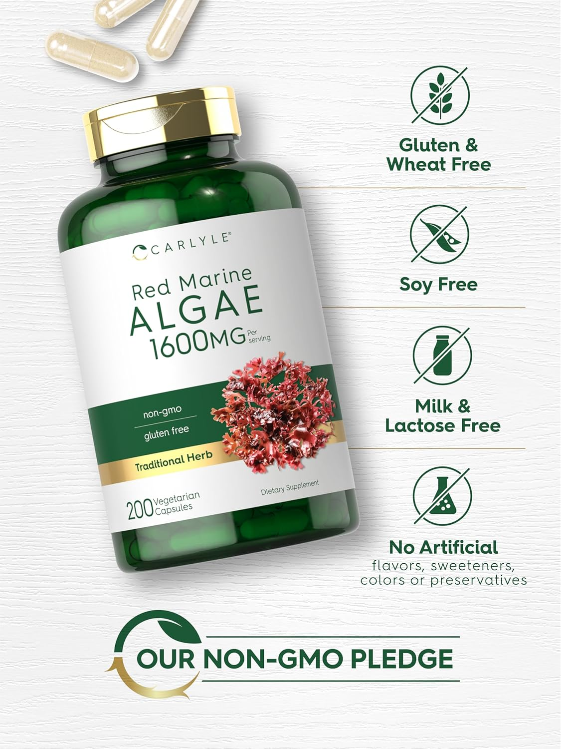 Red Marine Algae 1600Mg | 200 Capsules | Vegetarian Supplement | Non-Gmo, Gluten Free | by Carlyle image number 3