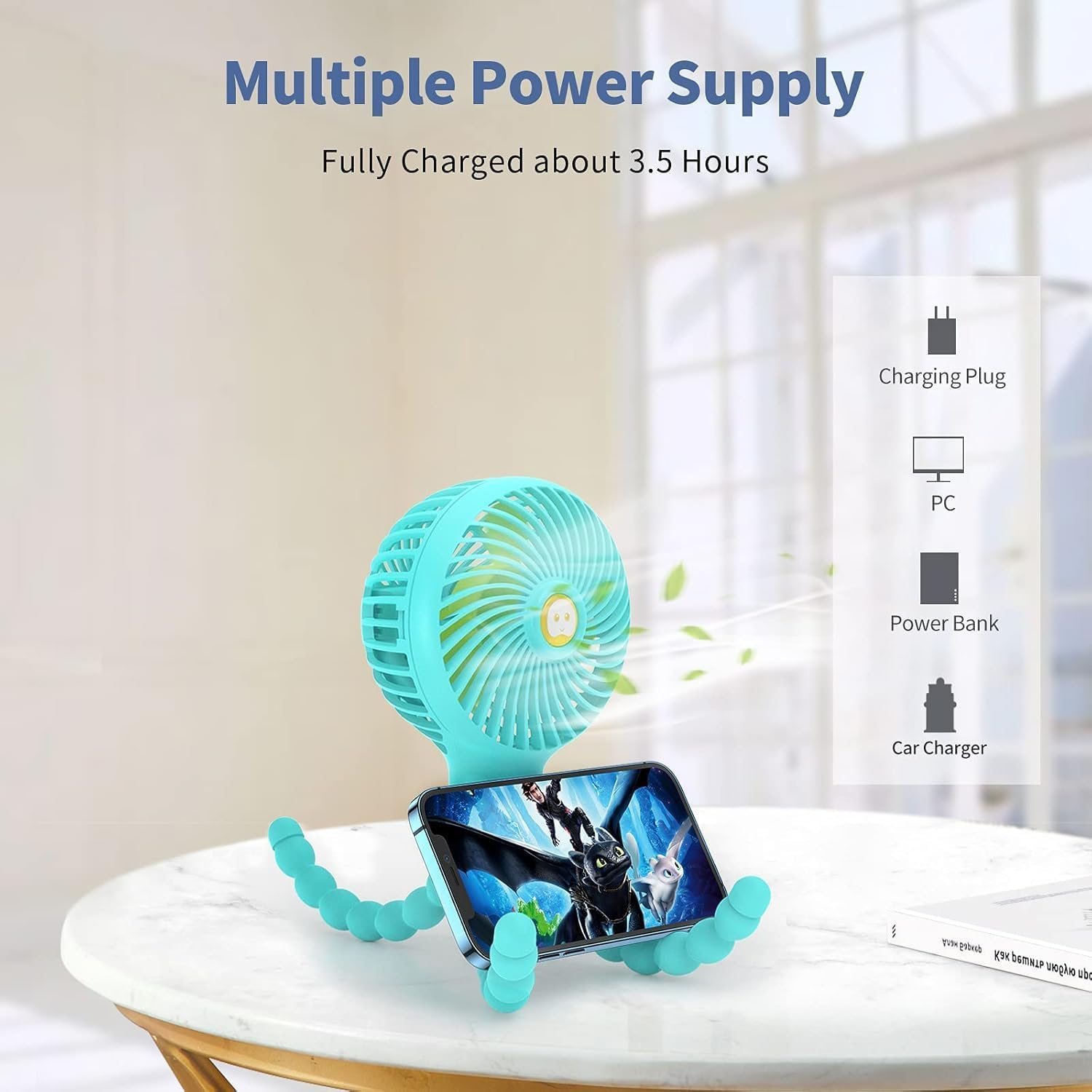 Portable Pram Fan, Baby Stroller Fan, [USB or 4000Mah Battery Powered] Handheld Fan for Kids, Mini Fan with Flexible Tripod, 3 Speed Pram Fans Clip on Desk Bike Campling Traveling (Blue) image number 3