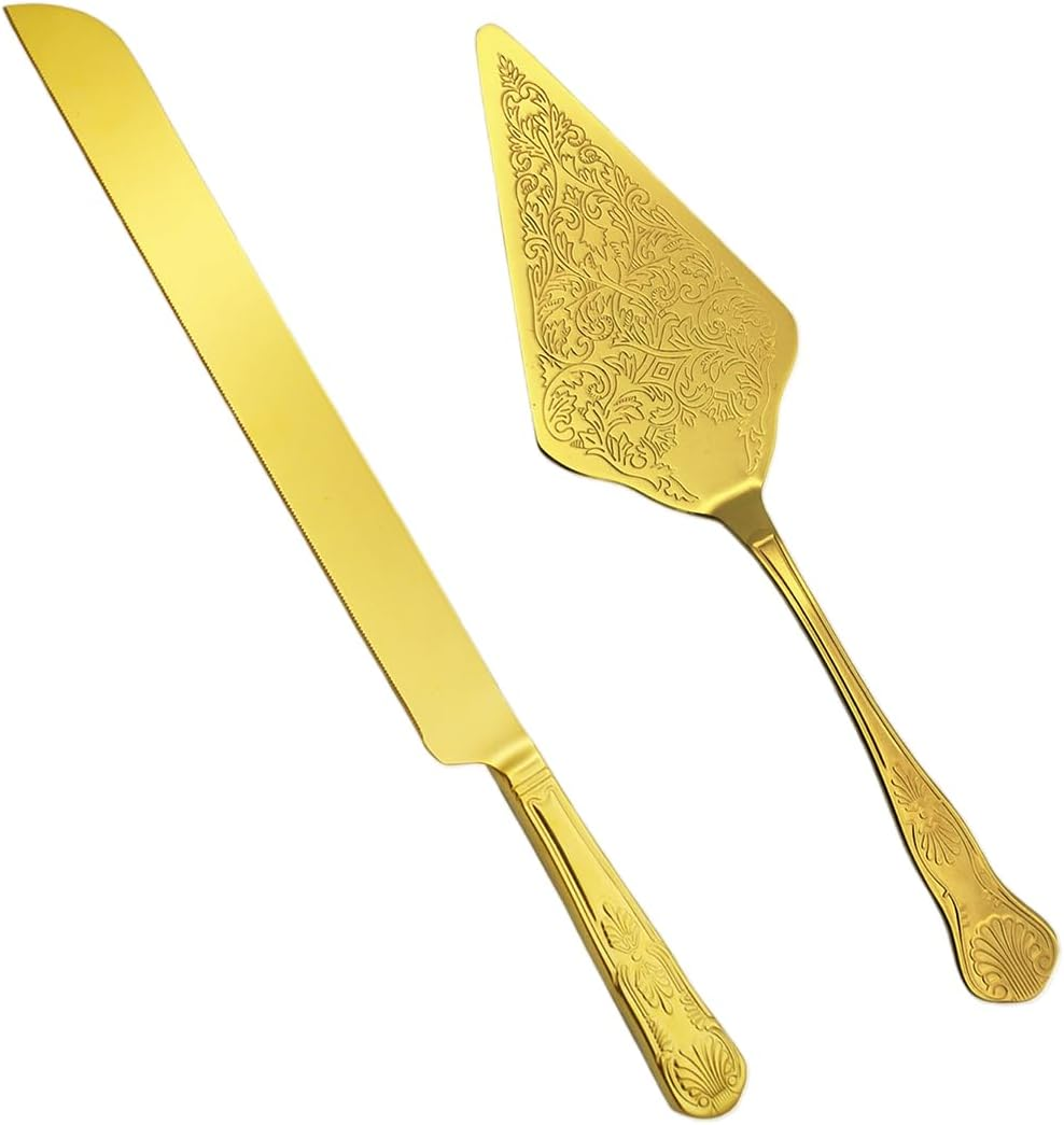 AIMALL Stainless Steel Cake Knife and Server Set 13.46In & 11.37In for Dessert Pastry Cutting and Serving &ndash; Elegant Engraved Utensils with Ergonomic Handle