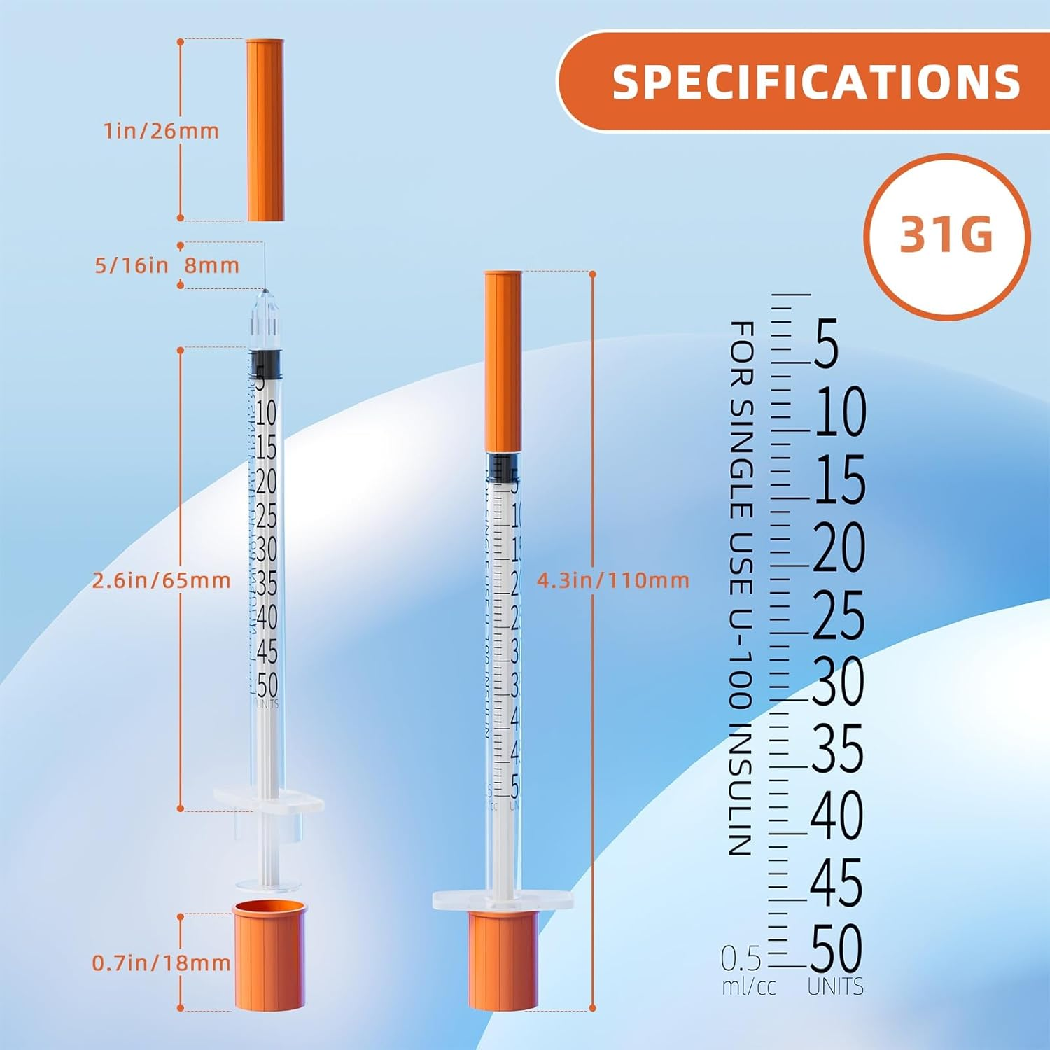0.5Ml/Cc Syringes with 31G 5/16 Inch(8Mm) Needles,Lab Measuring Supplies,Disposable Individually Wrapped,Box of 100 image number 1