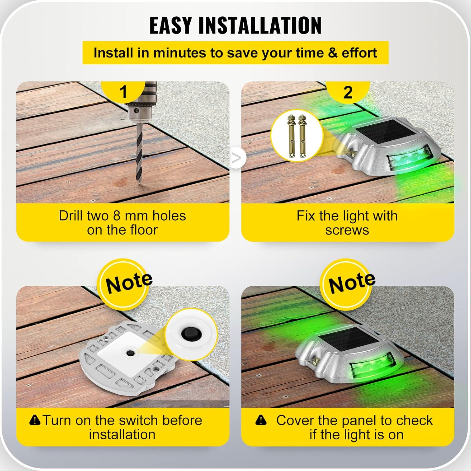 Happybuy Driveway Lights 8-Pack, Solar Driveway Lights with Switch Button, Solar Deck Lights, Wireless Dock Lights 6 Leds for Path Warning Garden Walkway Sidewalk Steps, LED Bright Green image number 6