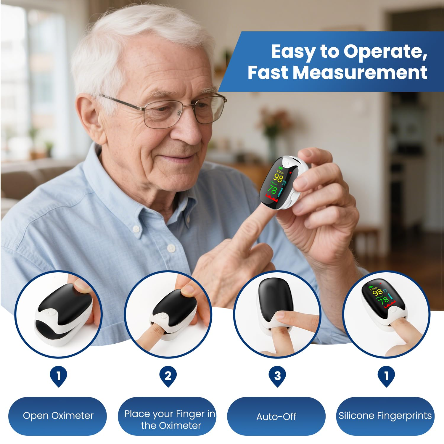 Finger Pulse Oximeter, Necomi Fingertip Pulse Oximeter, with Color LCD Screen, One-Button Operated Blood Oxygen Monitor Pulse Rate Monitor Lanyard (Batteries Not Included)