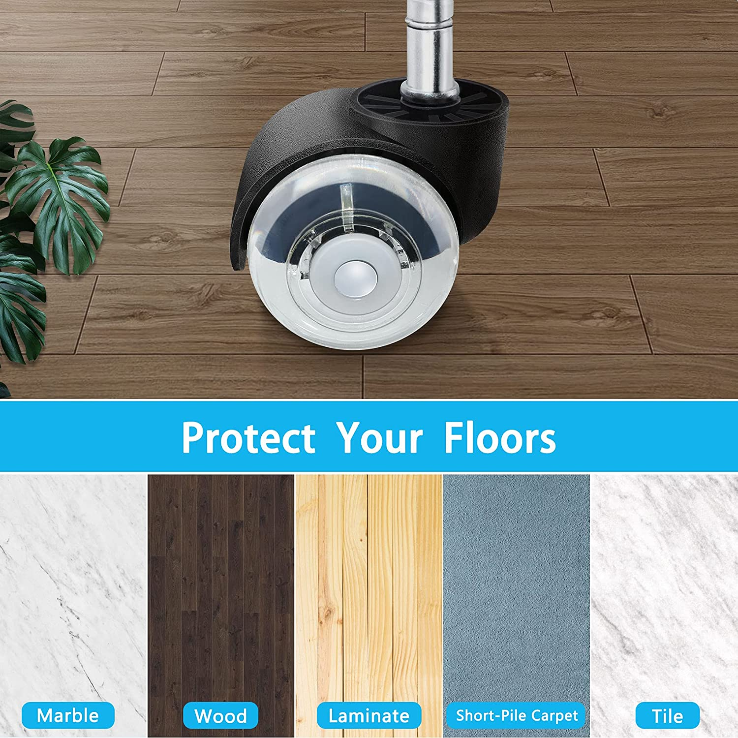 Office Chair Caster Wheels,Set of 5, 2 in Double Casters, Twin Ball Bearing Replacement Computer Desk Chair Wheel, Heavy Duty Rubber Caster Smooth Quiet Rolling Safe Protection for All Floors image number 5