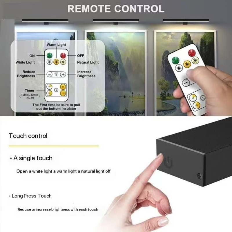 Wireless LED Wall Light, Rechargeable Painting Light, 3 Colours Dimmable Picture Light Touch &Remote Control, Display Lamp with Timer for Picture Frame Art Dartboard Gallery Cabinet Mirror (Black) image number 5