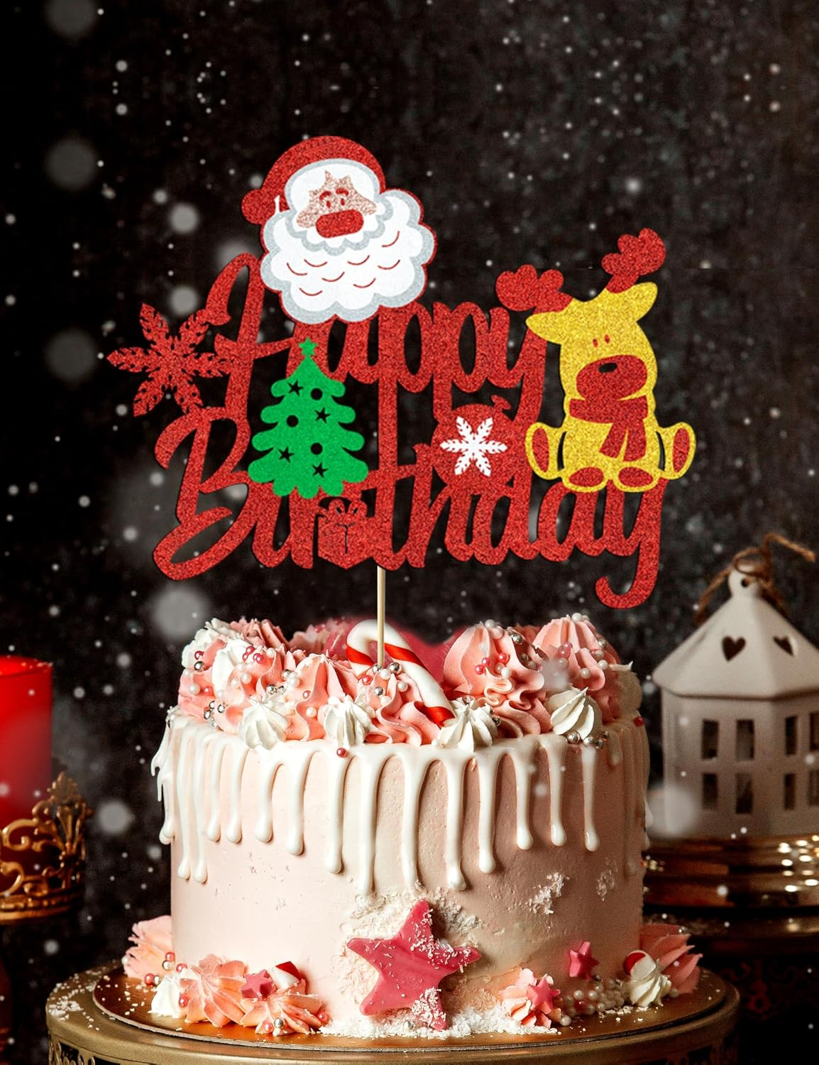 Biird Christmas Cake Topper Christmas Cake Decorations Birthday Cake Decorations with Glitter Christmas Tree Deer Santa Claus Cake Pick Decorations for Xmas Theme Happy New Year Party Supplies image number 5