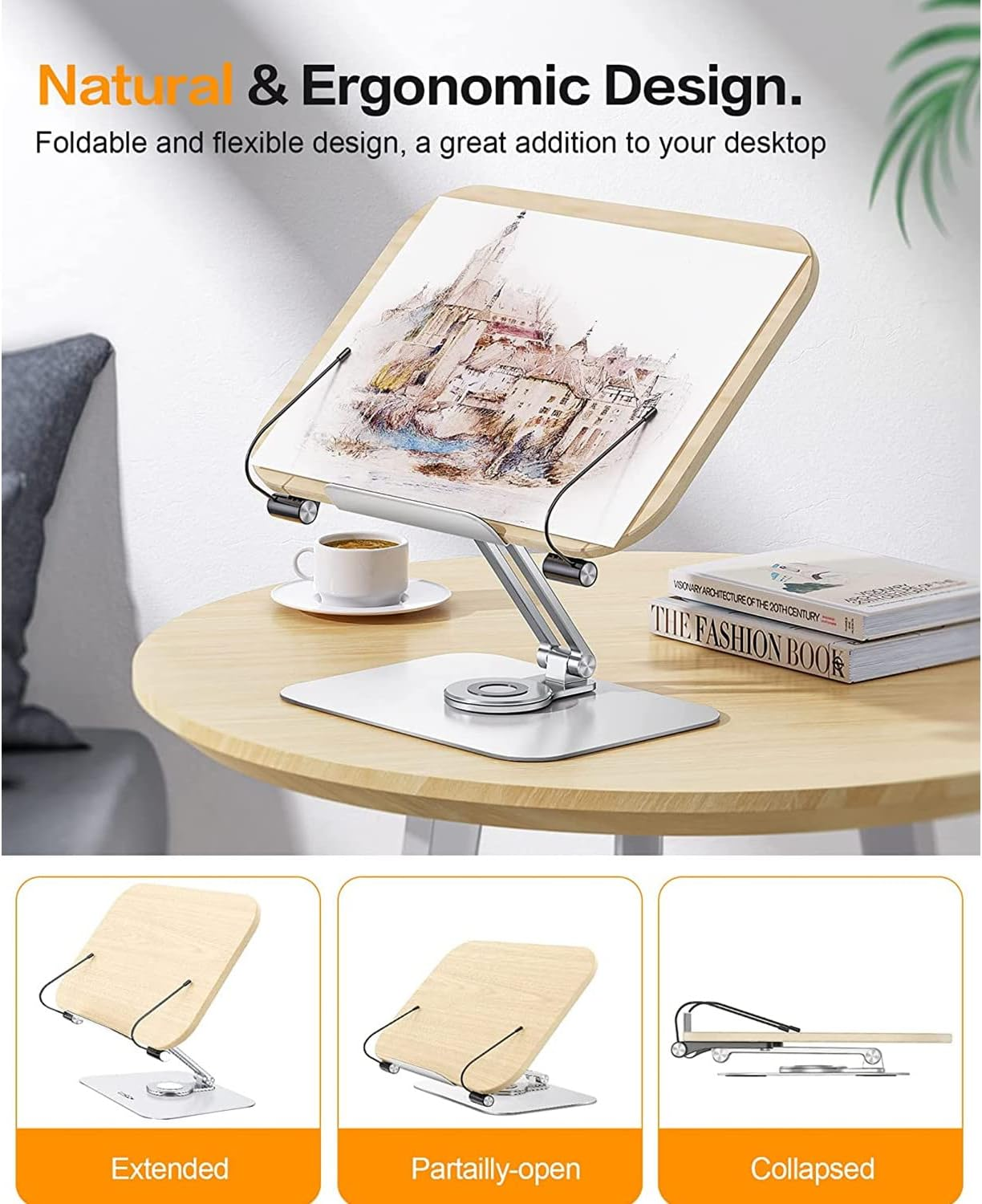 Book Stand for Reading, Adjustable Holder with 360&deg; Rotating Base & Page Clips, Foldable Desktop Ricer for Cookbook, Sheet Music, Laptop, Recipe, Textbook, Hands Free, Wood, Aluminium image number 3