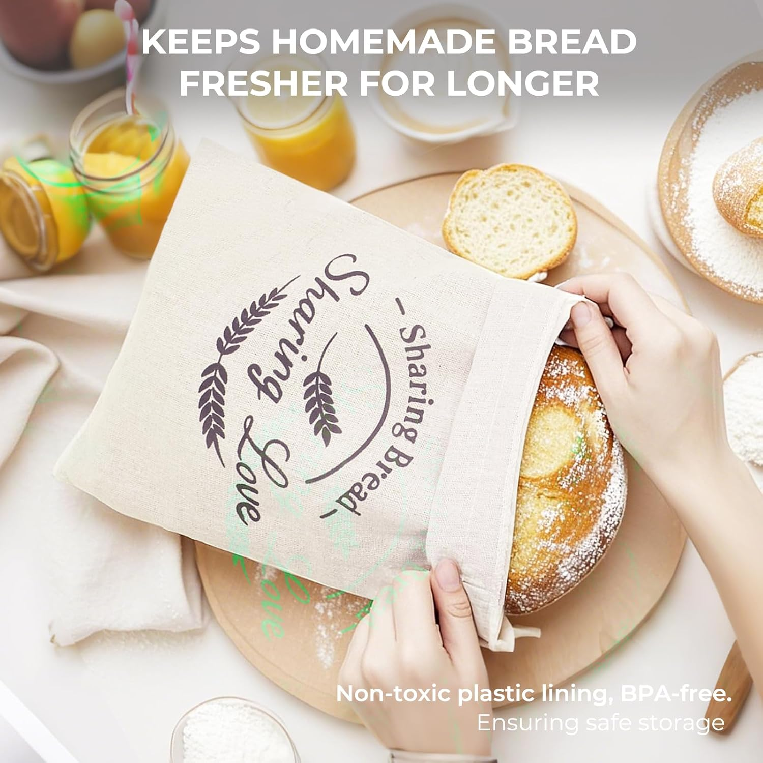 [2Pack+1] Bread Bags for Homemade Bread with Proofing Bowl Cover - Reusable Linen Sourdough Bread Storage Bag to Keep Sourdough Fresh, Easy to Clean image number 4