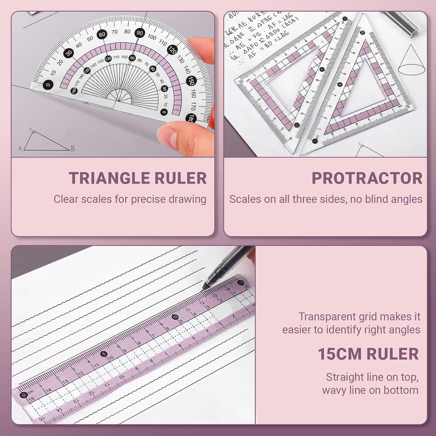 Compass Geometry Tool with Metal Box, 7 Pcs Assorted Math Set with Eraser & Refills, Protractor Ruler Kit for School, Class, Students (Pink) image number 6