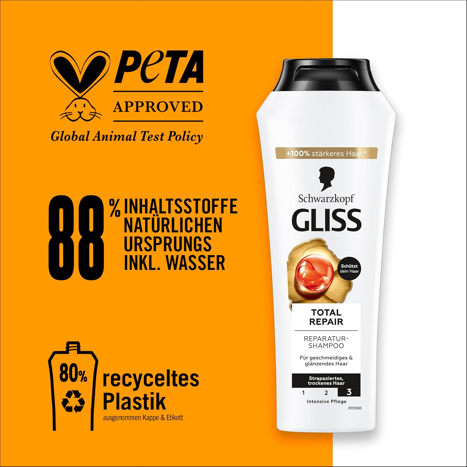 Gliss Shampoo Total Repair (250 Ml), Hair Shampoo Smooths the Hair Surface and Provides Effective Repair, Nourishing Shampoo Ensures up to 85% Less Hair Breakage